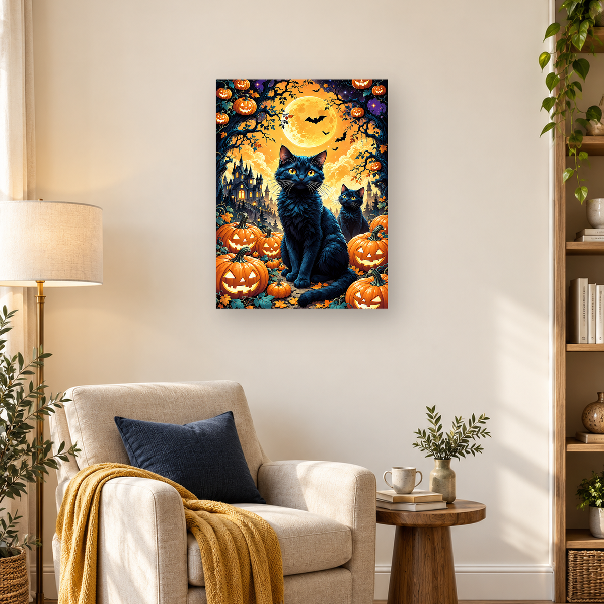 Two black cats sit among glowing jack-o'-lanterns beneath a full moon, bats, twisted trees, and a gothic castle. — 03_lifestyle_hero