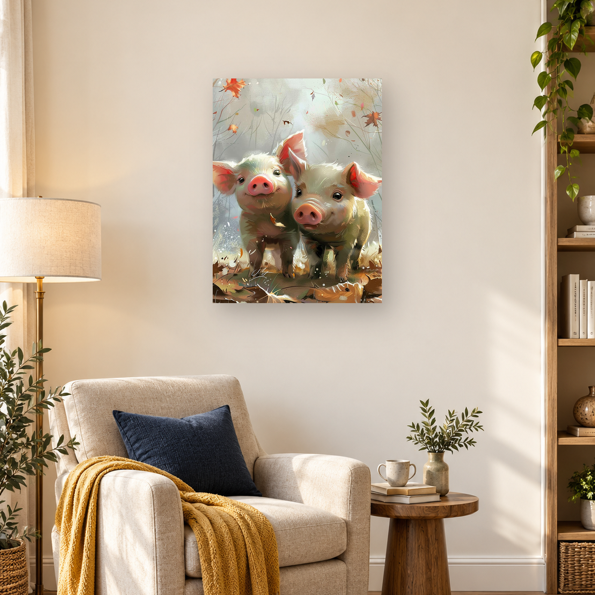 Two expressive piglets standing together among autumn leaves in a painterly woodland scene — 03_lifestyle_hero