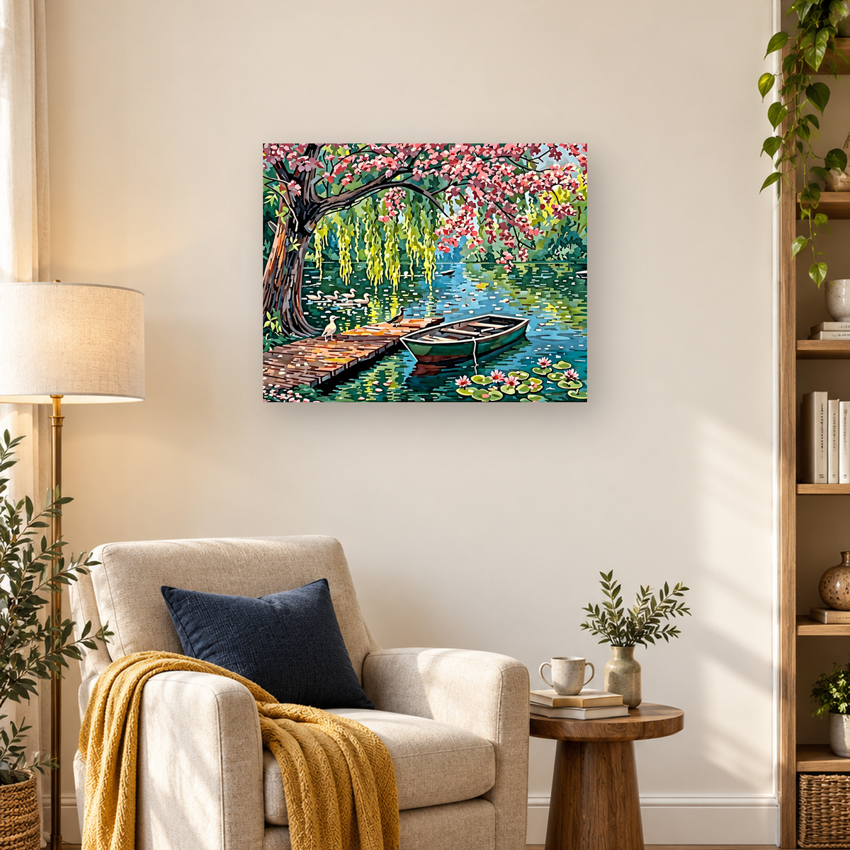 Stylized flowering pond with a green rowboat, wooden dock, ducks, and water lilies beneath a pink-blossomed tree. — 03_lifestyle_hero