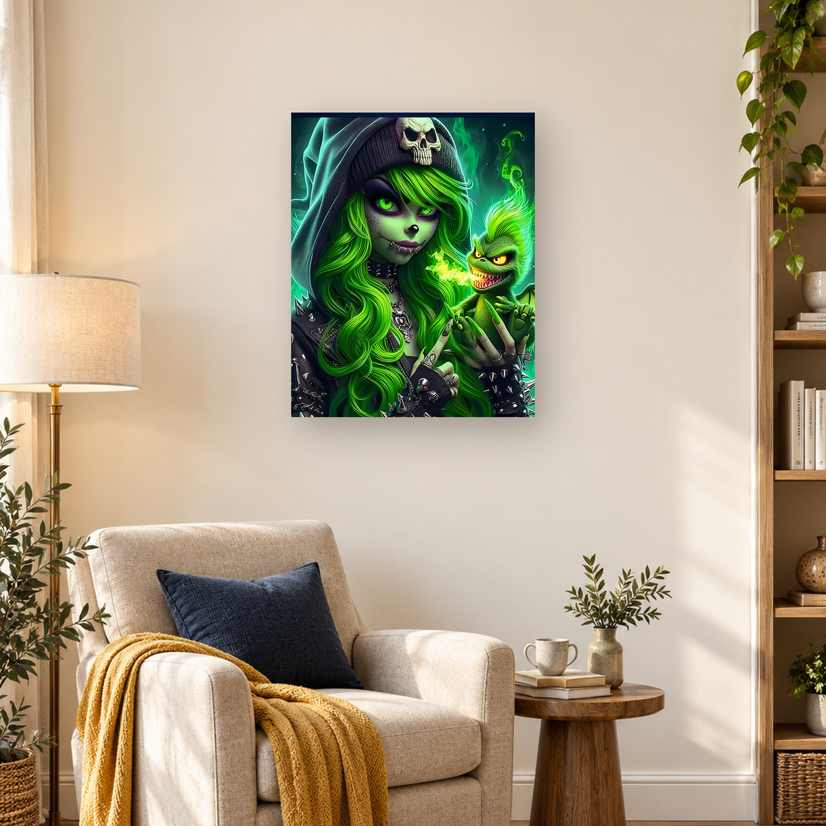 Hooded green-haired woman with glowing eyes and a grinning goblin-like creature in green smoke — 03_lifestyle_hero