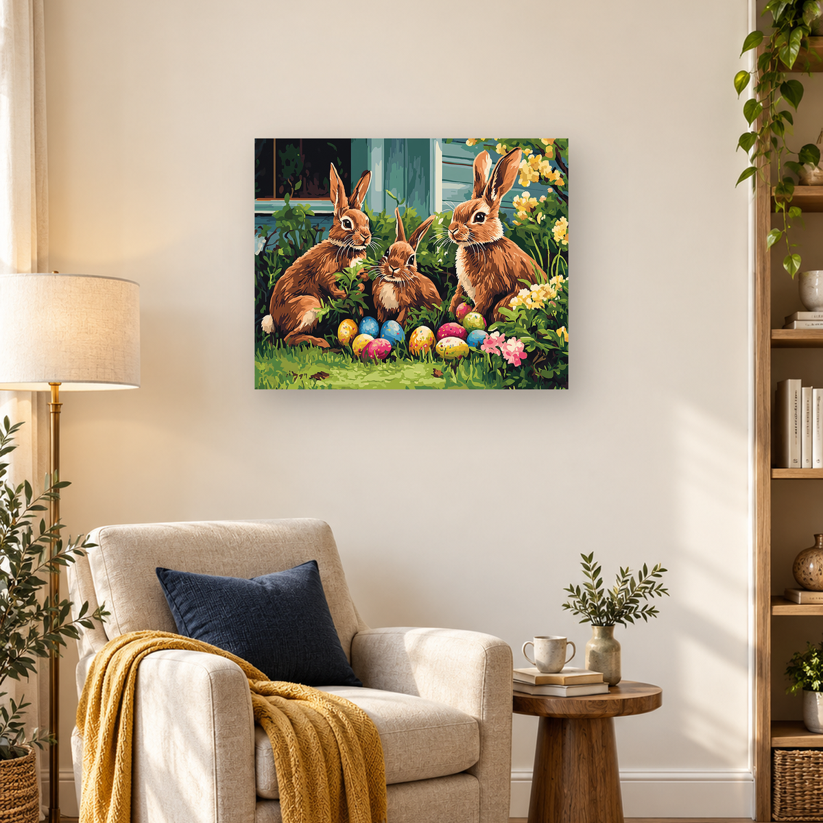 Three brown rabbits surrounded by colorful Easter eggs, flowers, and greenery in a garden — 03_lifestyle_hero