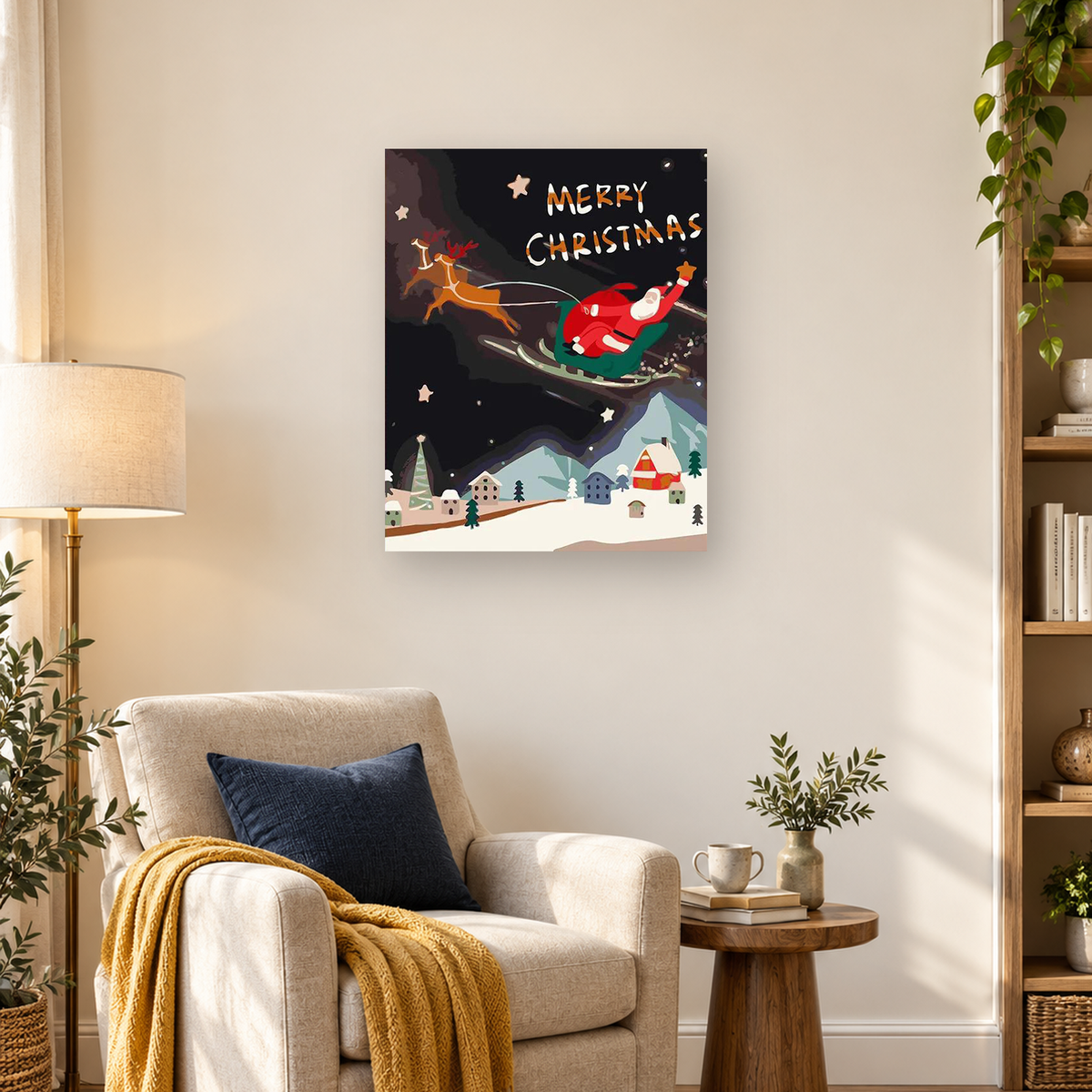 Santa in a red sleigh pulled by reindeer above a snowy Christmas village and mountains — 03_lifestyle_hero