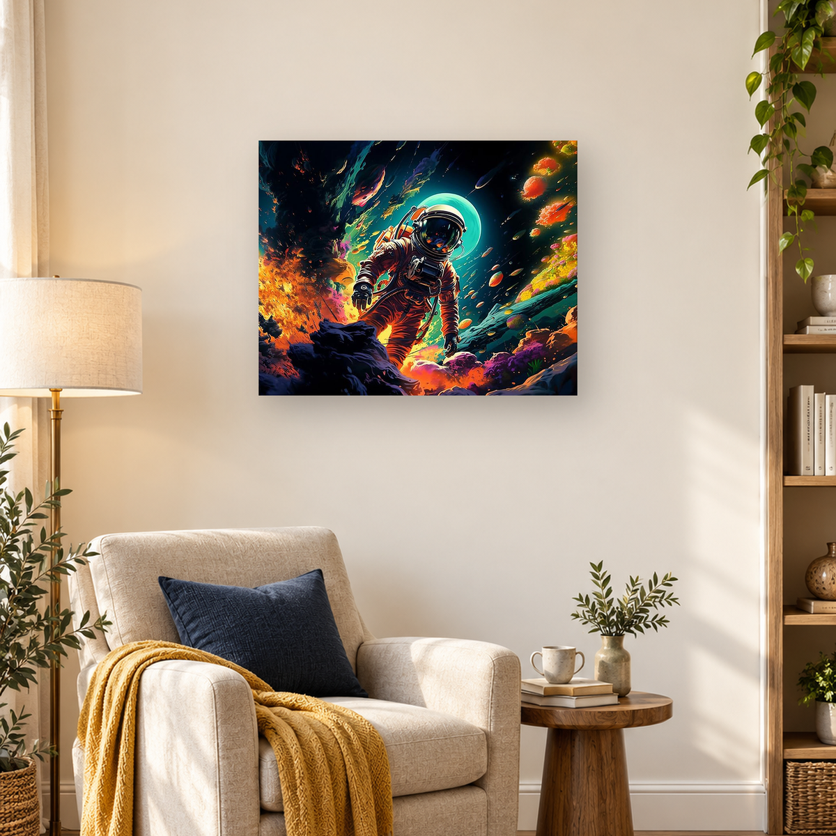 Astronaut in a reflective helmet exploring a colorful alien landscape beneath a dark cosmic sky — 03_lifestyle_hero