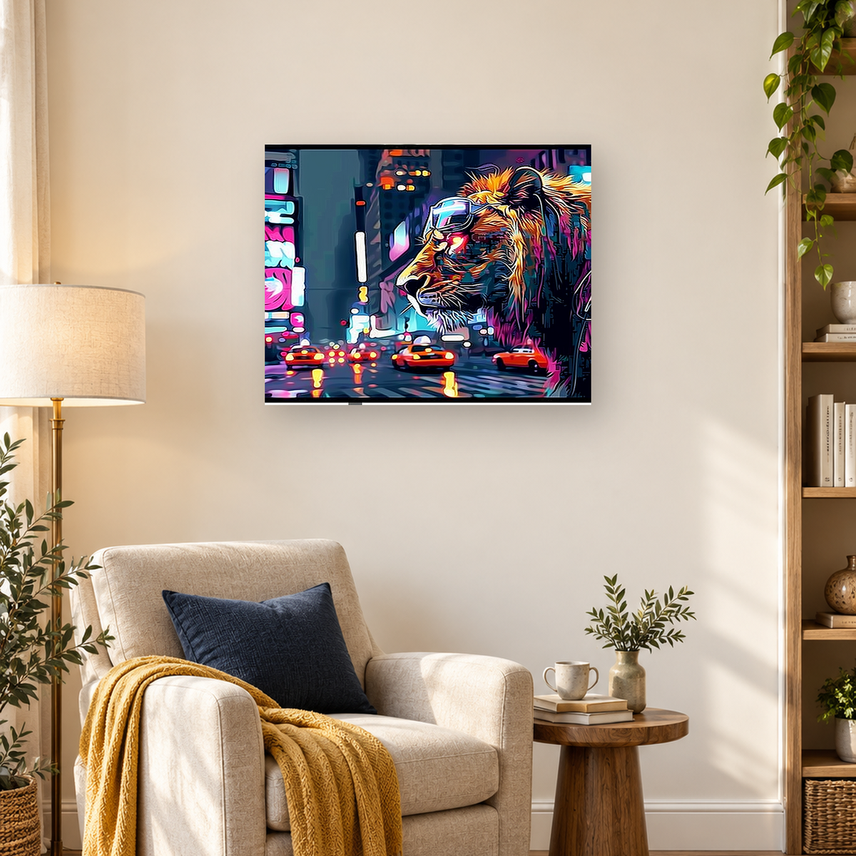 Neon lion wearing sunglasses beside colorful cars on a glowing city street — 03_lifestyle_hero