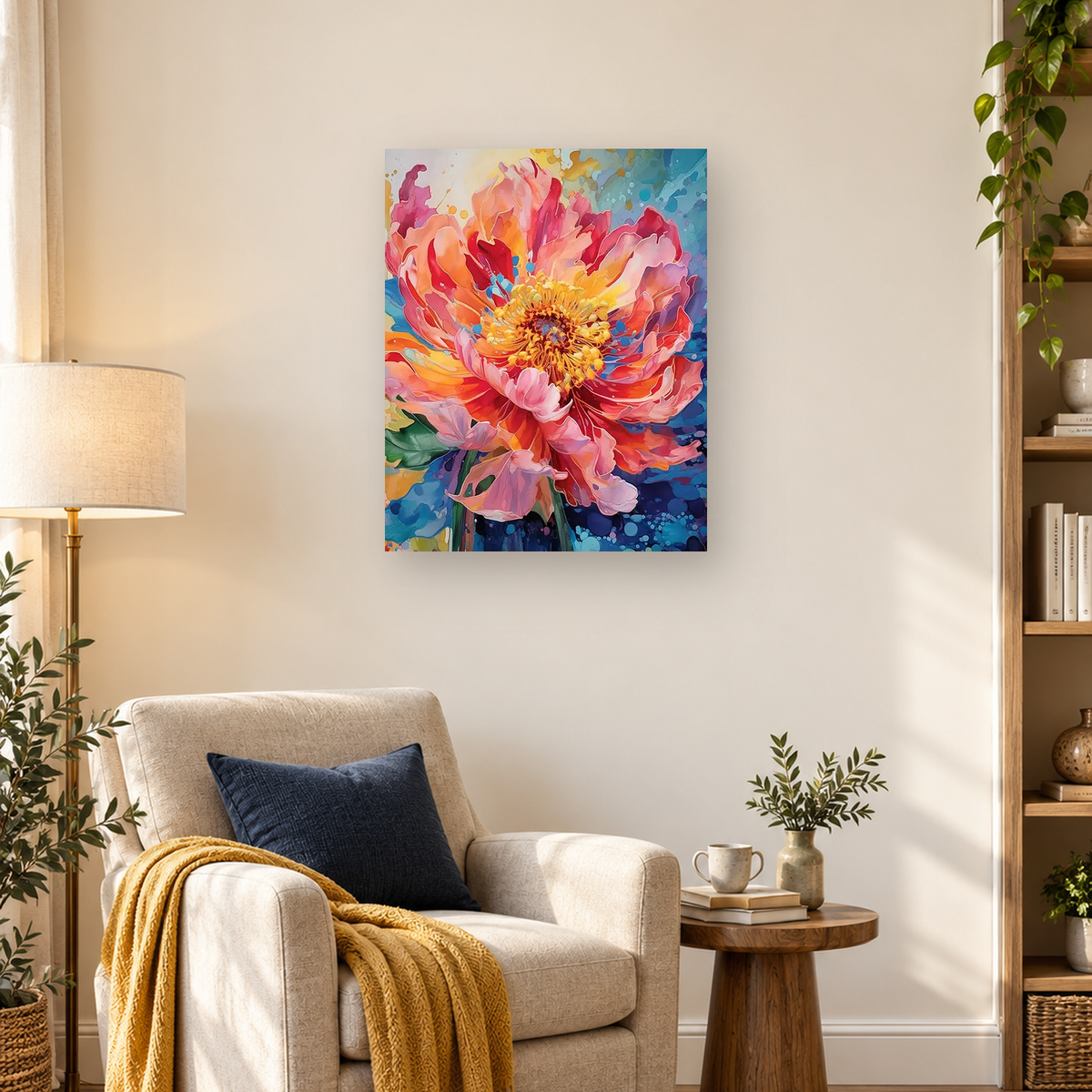 Colorful abstract flower with layered pink and coral petals, yellow center, green leaves, and blue accents — 03_lifestyle_hero