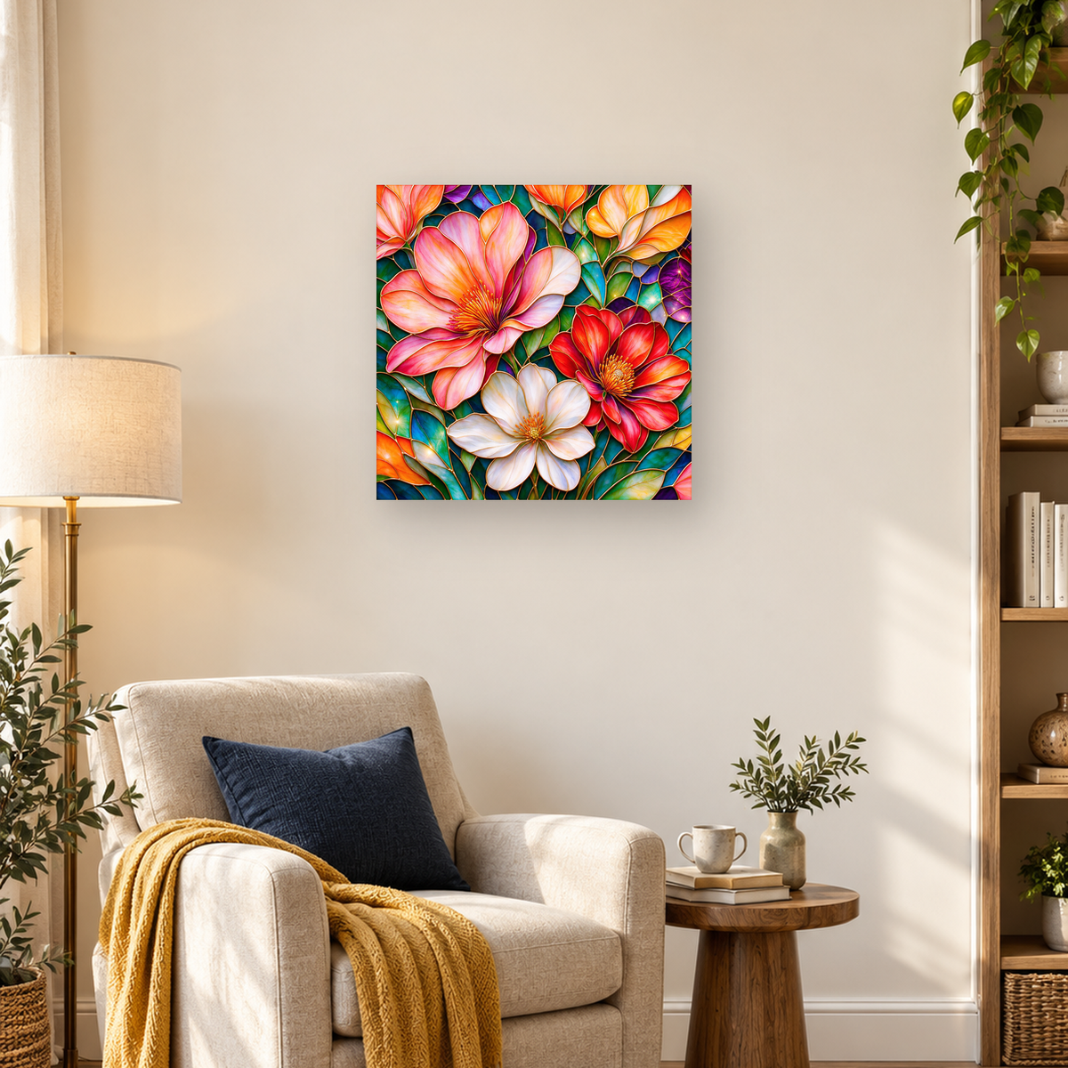 Colorful stained-glass floral artwork with pink, red, white, and orange blossoms among jewel-toned leaves — 03_lifestyle_hero