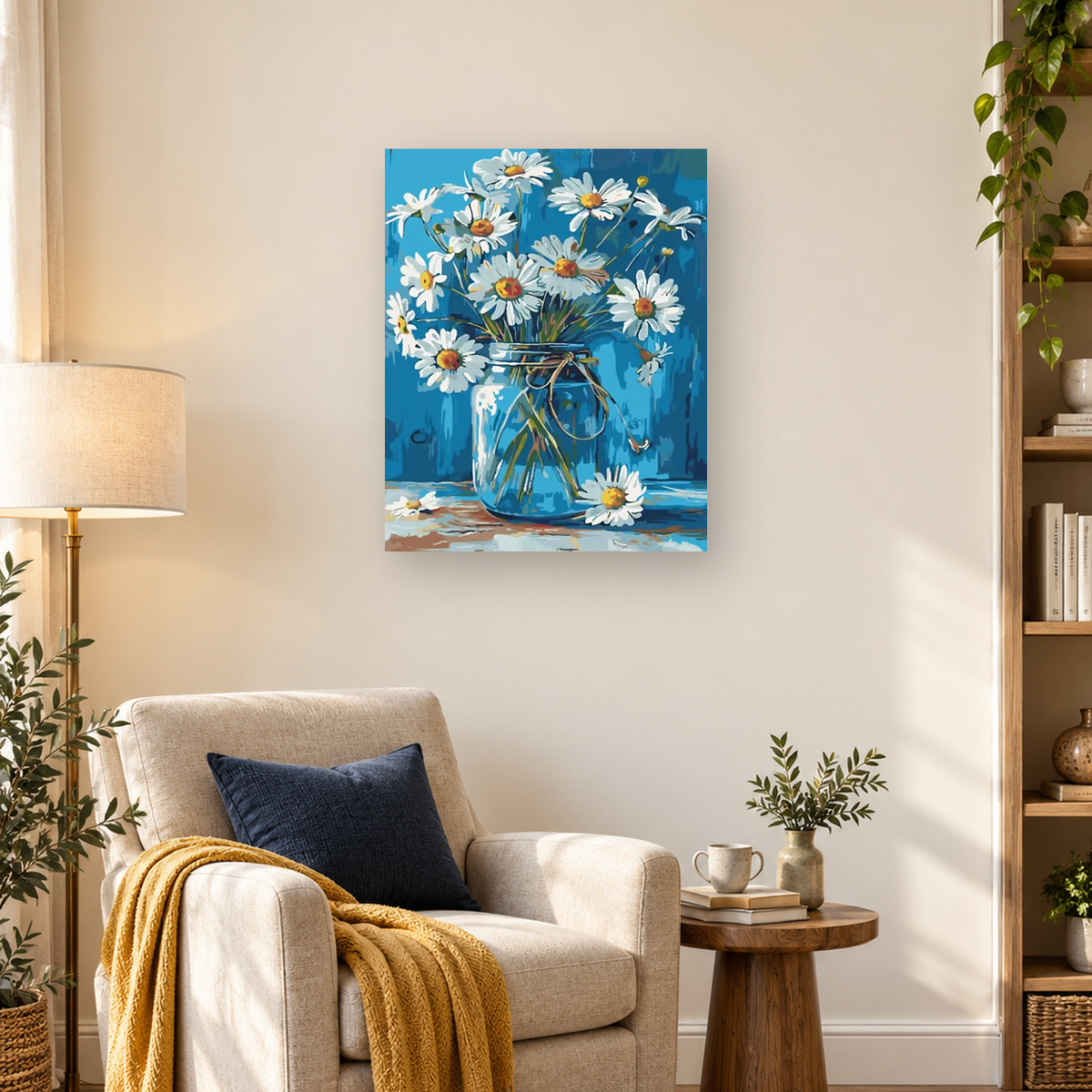 Painterly bouquet of white daisies in a blue glass jar on a textured blue tabletop — 03_lifestyle_hero