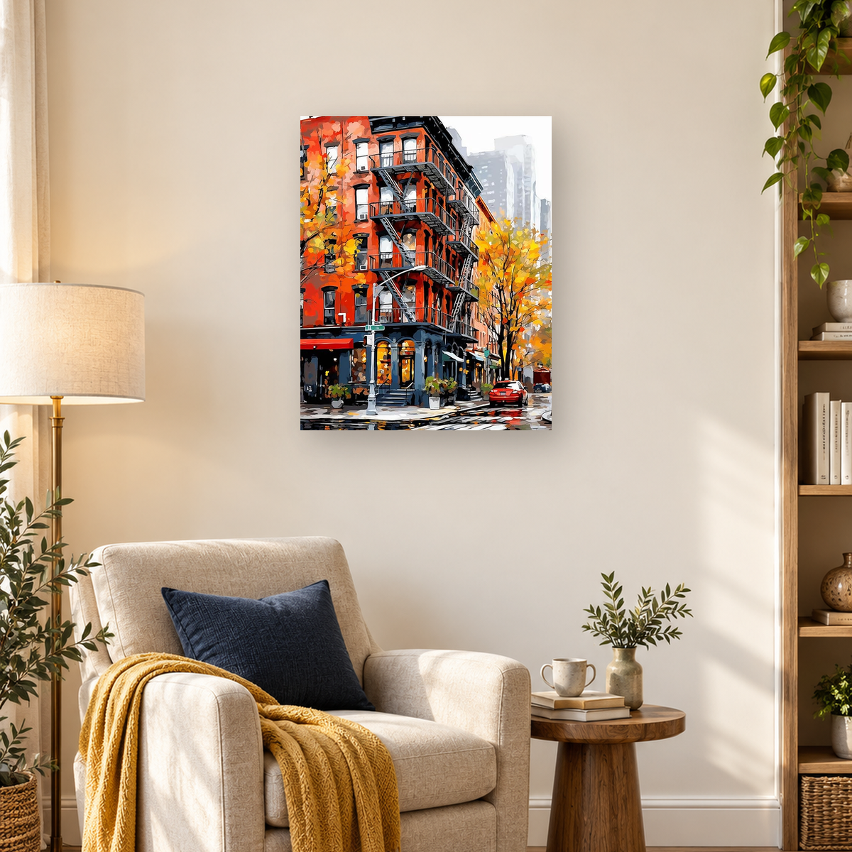 Painterly autumn city street with a red brick building, fire escapes, golden trees, storefronts, and a red car. — 03_lifestyle_hero