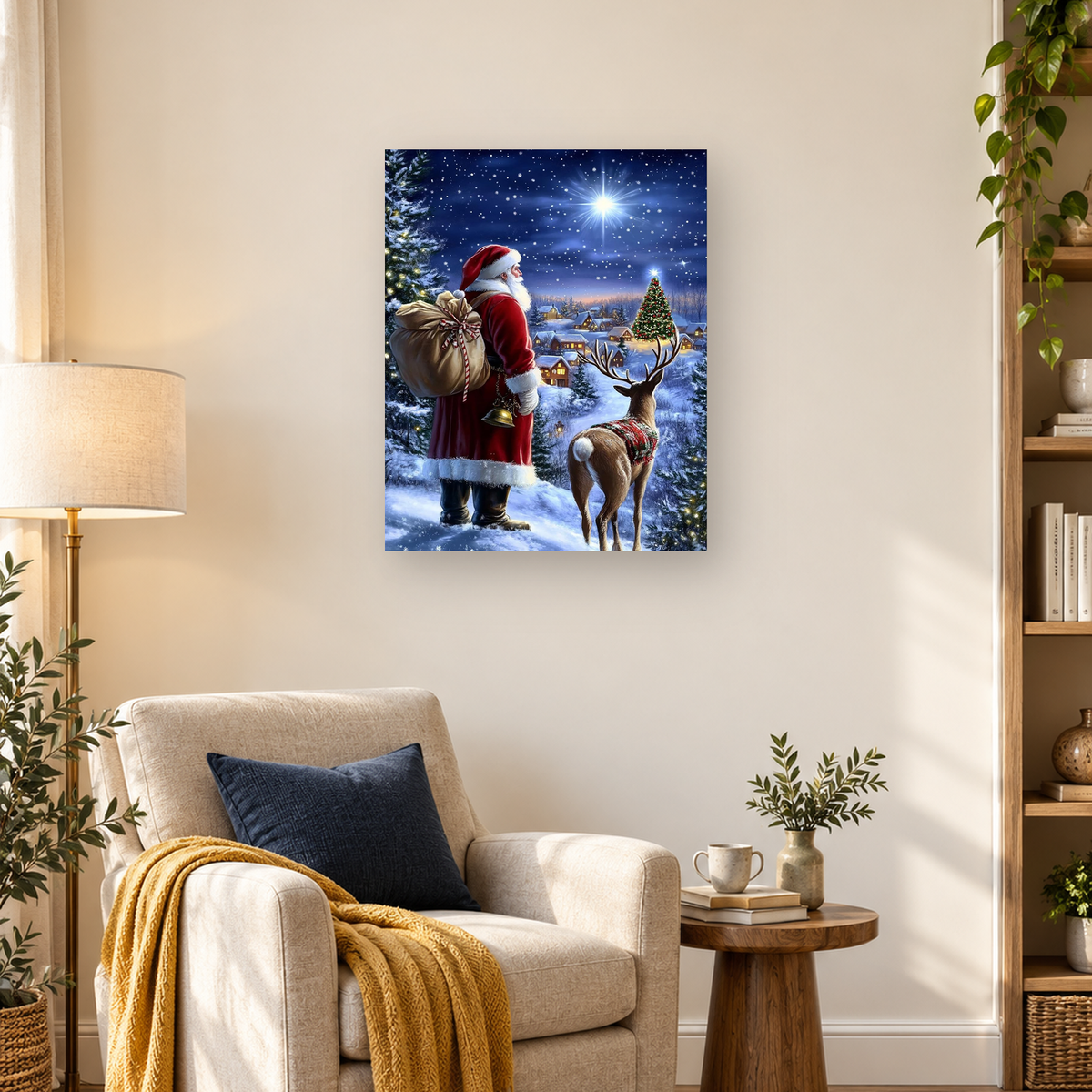 MalaMind Gallery V3 | 03 Lifestyle Hero | CH-260921-078 | Santa with a gift sack and decorated reindeer overlooking a snowy village beneath a bright star.