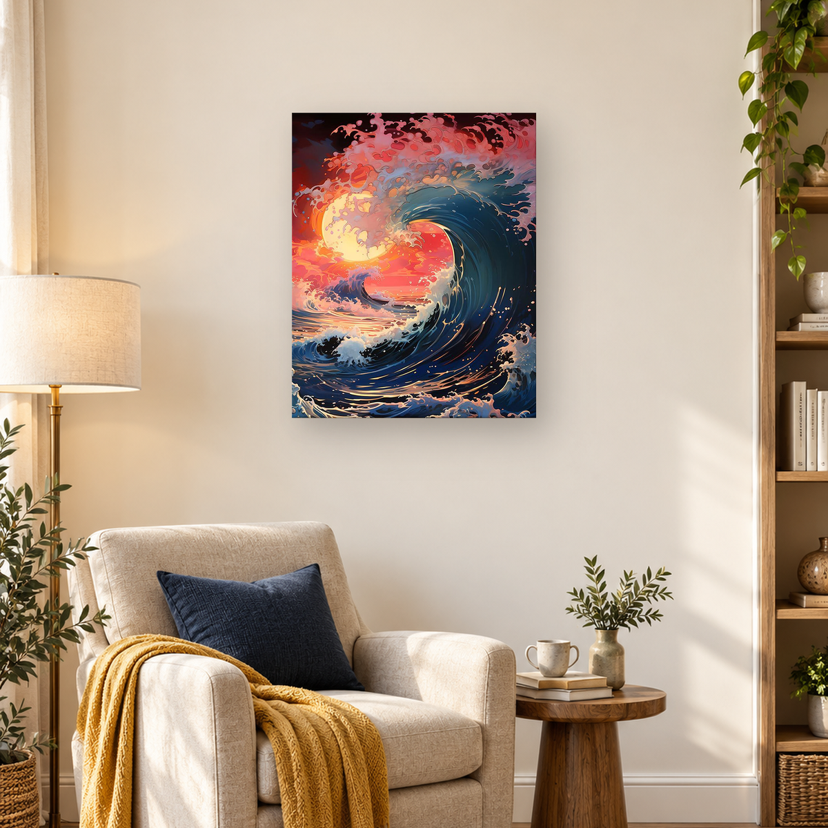Stylized dark-blue ocean wave curling through pink, orange, and yellow foam with glowing light and spray — 03_lifestyle_hero