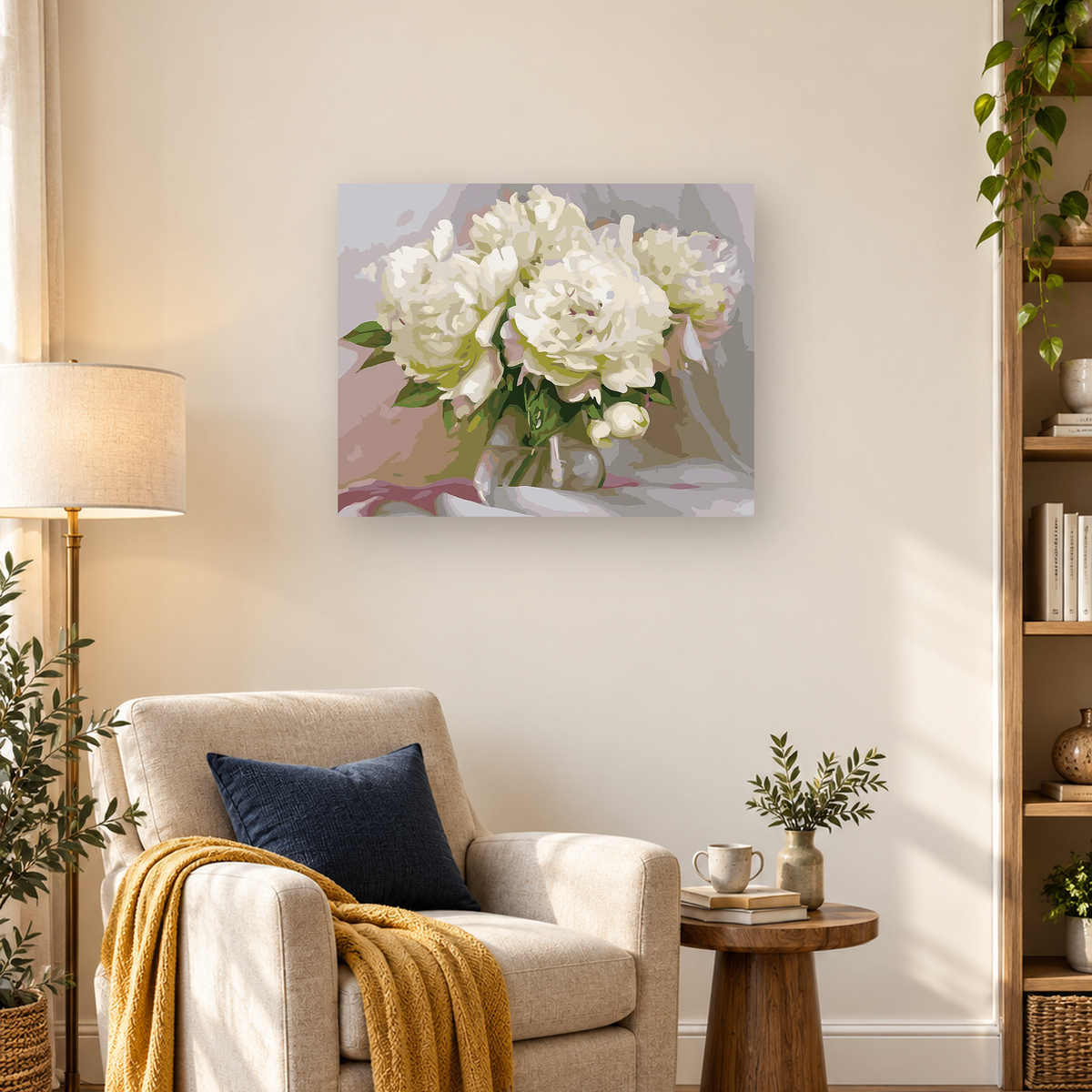 Cream flower bouquet with green foliage in a pale vase against a muted abstract background. — 03_lifestyle_hero