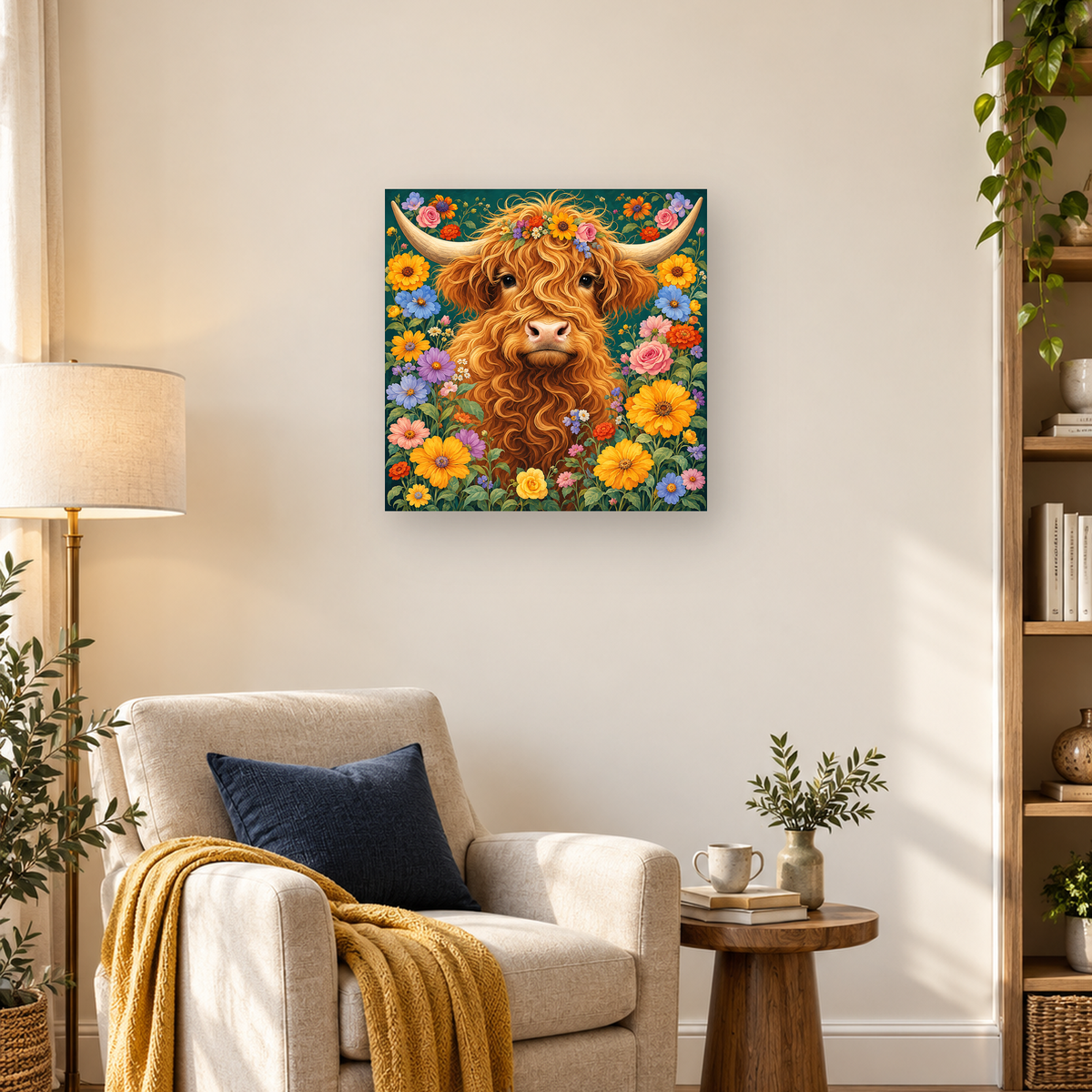 Front-facing shaggy horned cow with a floral crown surrounded by colorful flowers and green foliage. — 03_lifestyle_hero