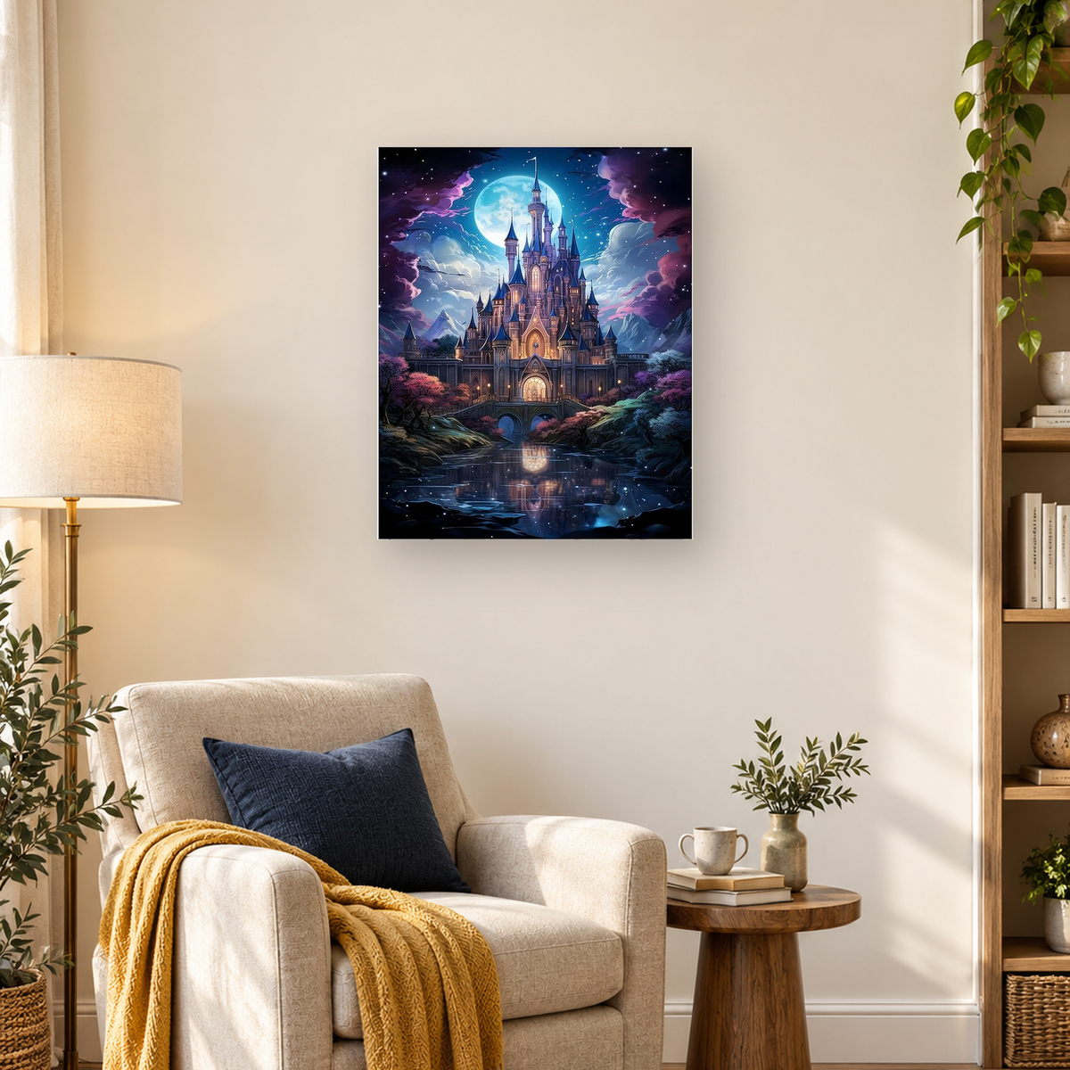 Gothic fantasy castle with glowing windows, full moon, mountains, and reflection in a lake — 03_lifestyle_hero
