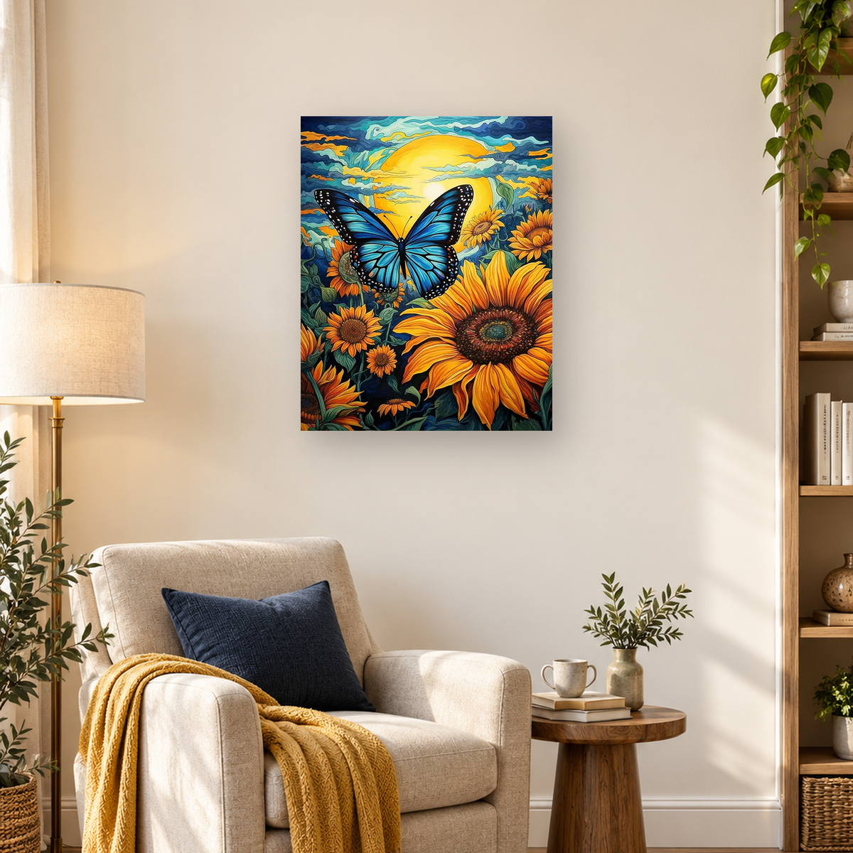 Blue butterfly centered among bright sunflowers beneath a glowing yellow sun and swirling blue clouds — 03_lifestyle_hero
