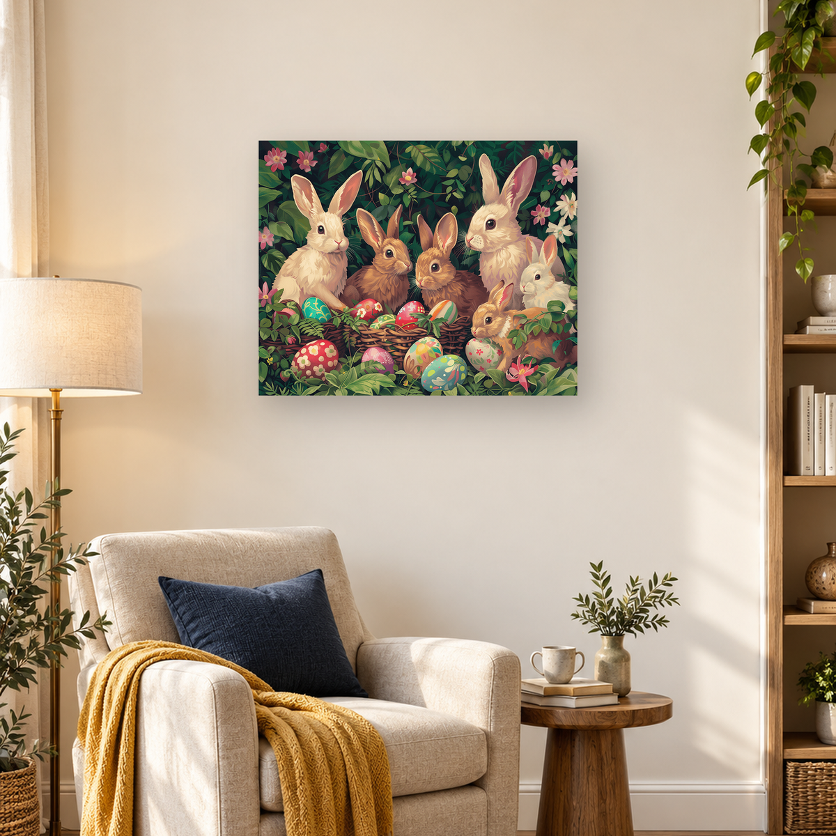 Six rabbits surrounded by flowers, foliage, woven baskets, and colorful decorated Easter eggs — 03_lifestyle_hero