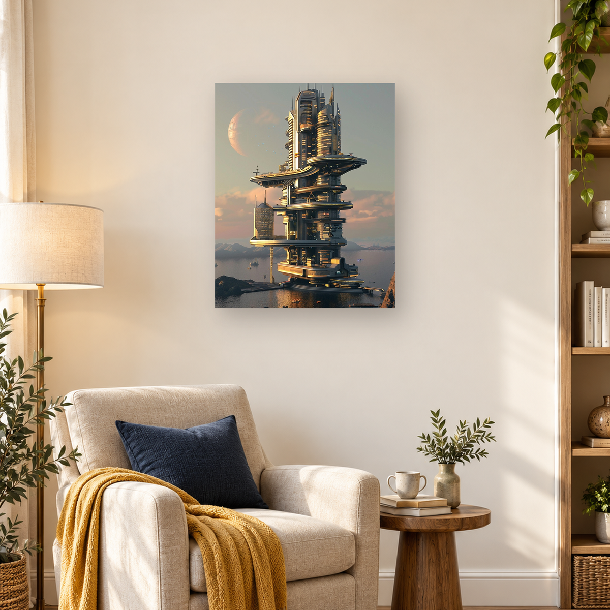 Futuristic illuminated tower with stacked platforms above a waterfront, mountains, airborne vehicles, and a large moon — 03_lifestyle_hero