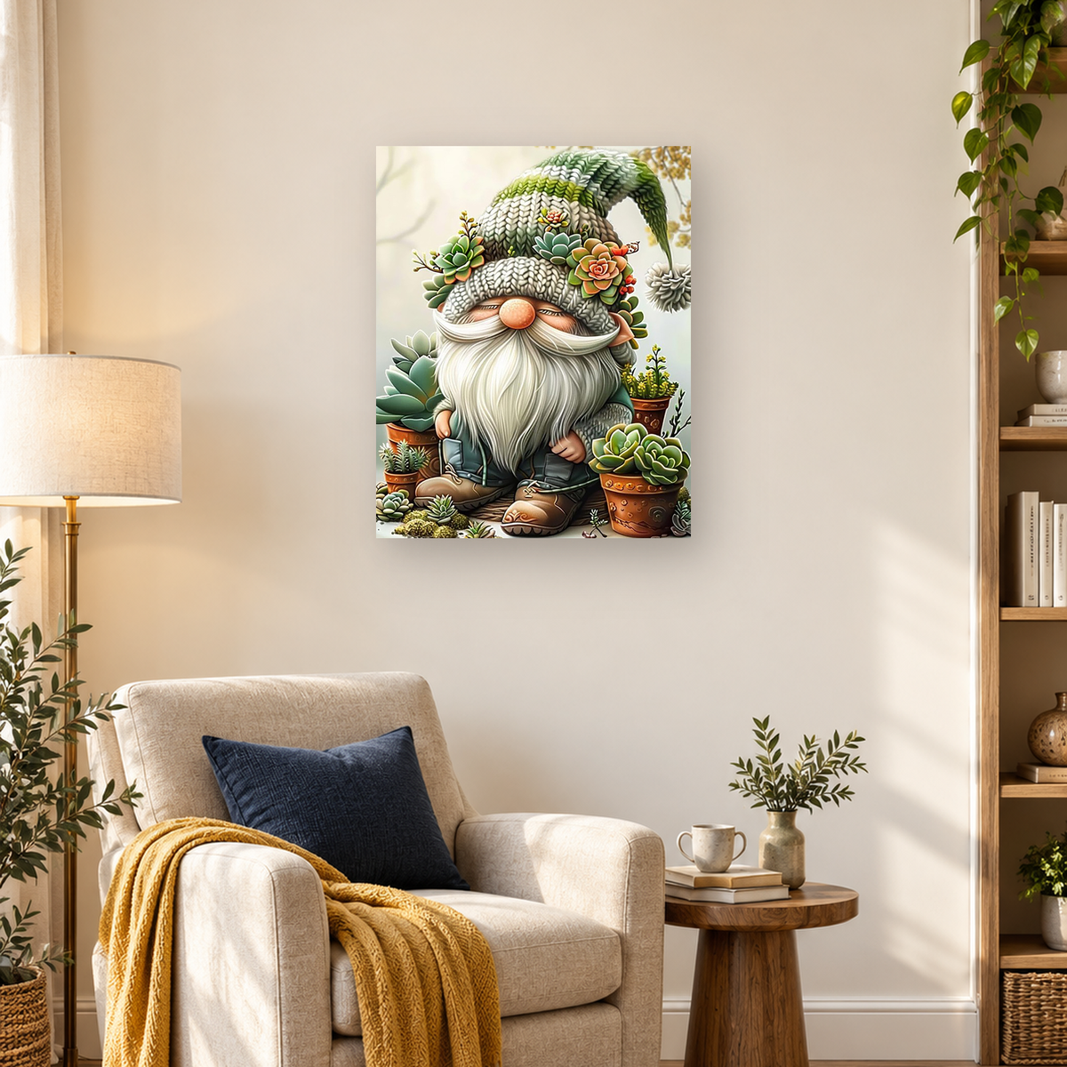 Bearded garden gnome in a succulent-filled setting with terracotta pots and a green pointed hat