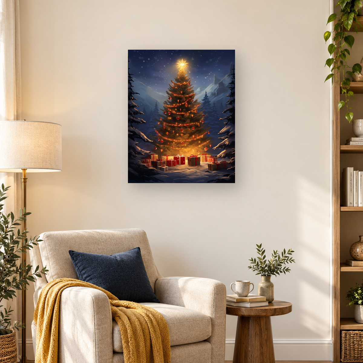 MalaMind Gallery V3 | 03 Lifestyle Hero | CH-260921-058 | Glowing decorated Christmas tree with red ornaments and presents in a snowy mountain forest at night