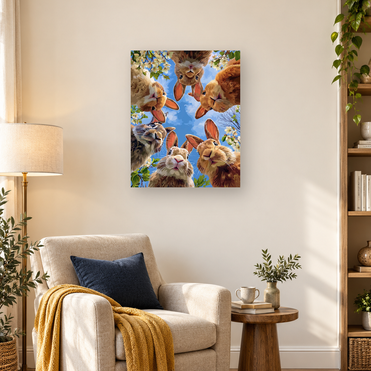 Colorful rabbits framed by white blossoms and green leaves against a bright blue background — 03_lifestyle_hero