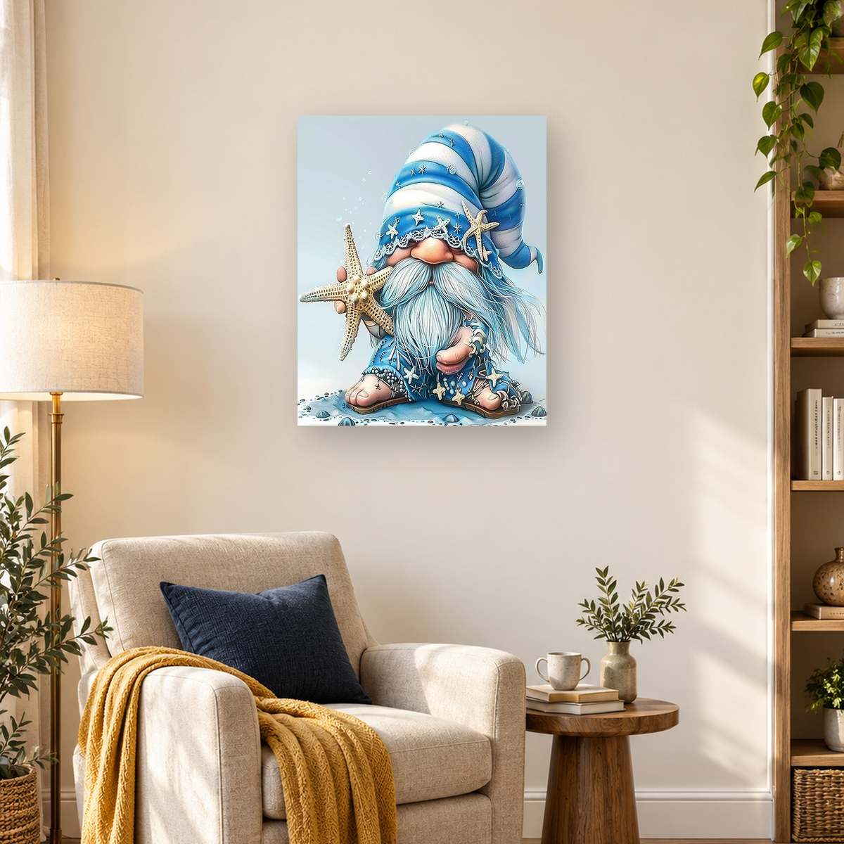 Blue-bearded seaside gnome in a striped hat presents a large starfish amid shells and pebbles.