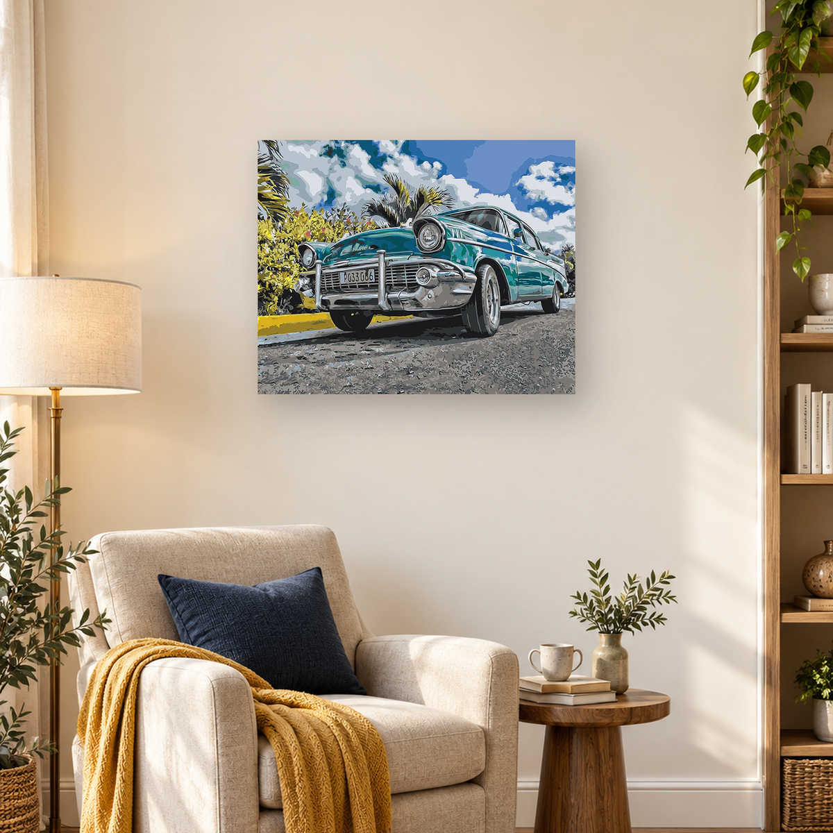 Posterized illustration of two overlapping turquoise vintage cars on a roadside beneath a cloudy blue sky. — 03_lifestyle_hero