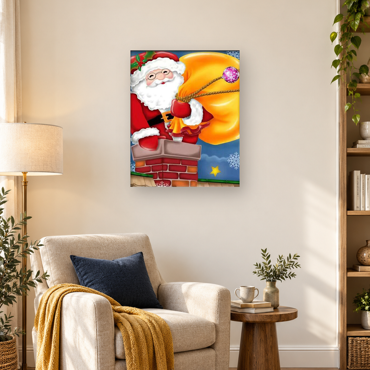 Cartoon Santa emerging from a brick chimney beside a large orange sack beneath a snowy blue sky. — 03_lifestyle_hero
