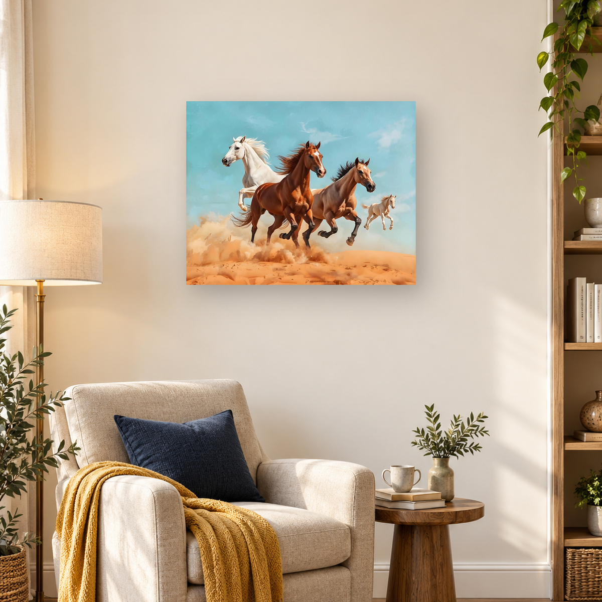 Four horses galloping through desert dunes beneath a bright turquoise sky, kicking up clouds of dust. — 03_lifestyle_hero