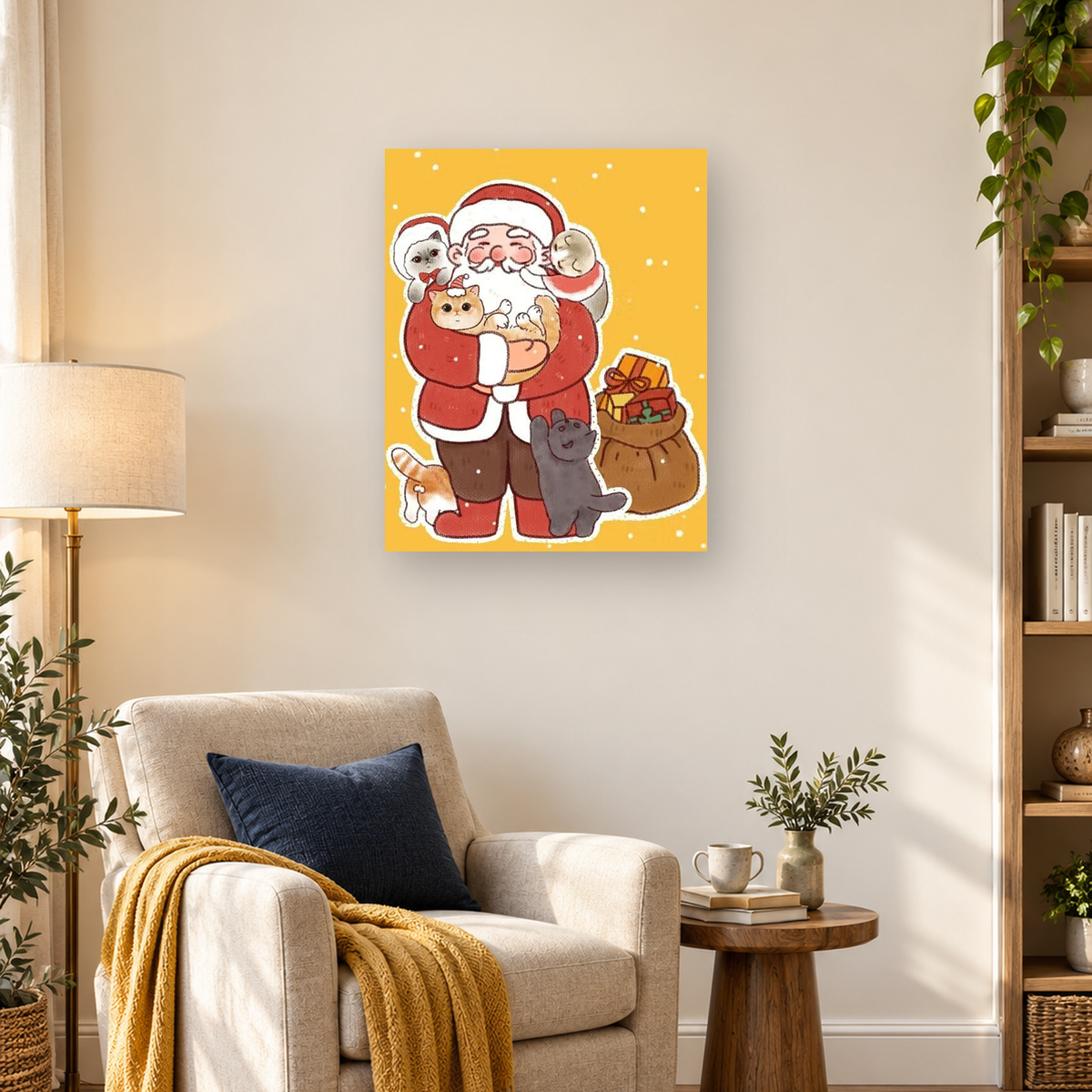 Cartoon Santa holds a cat while other cats and mice gather beside a sack of wrapped Christmas gifts. — 03_lifestyle_hero