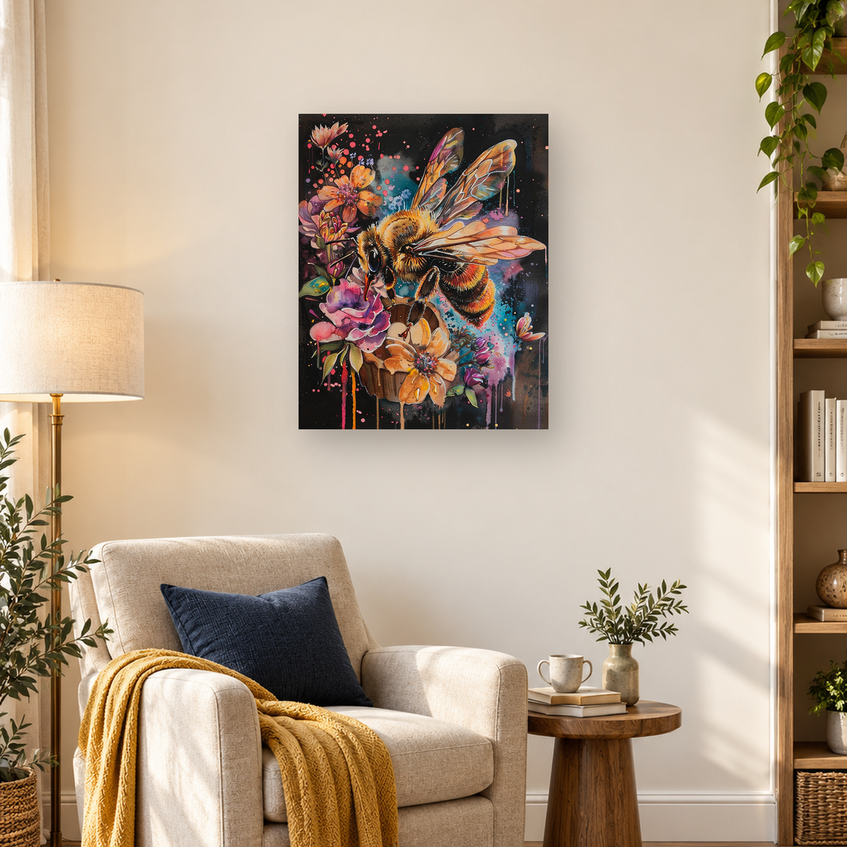 Watercolor-style bumblebee with translucent wings among colorful flowers on a dark splattered background. — 03_lifestyle_hero