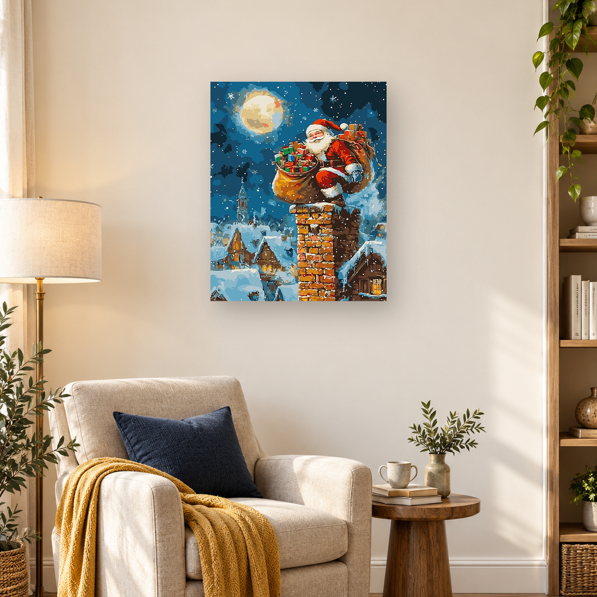 MalaMind Gallery V3 | 03 Lifestyle Hero | CH-260922-011 | Santa sits on a snowy brick chimney with gifts and a sack beneath a glowing full moon.