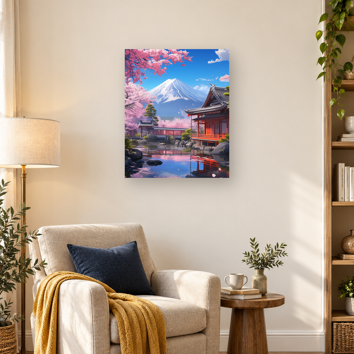 Japanese temple beside a reflective pond, framed by cherry blossoms and a snow-capped mountain. — 03_lifestyle_hero