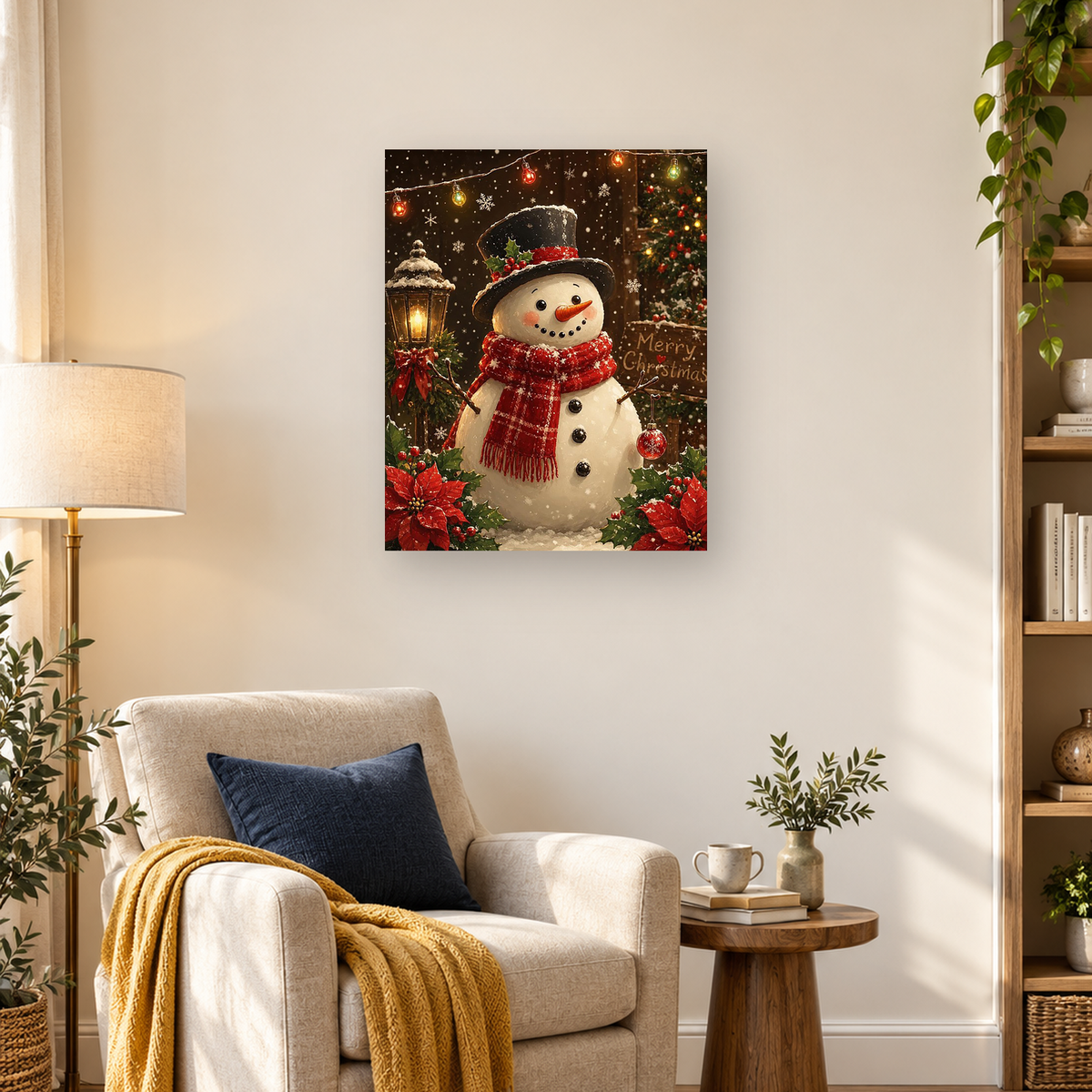 Cheerful snowman in a top hat and red scarf surrounded by Christmas lights, holly, poinsettias, and falling snow
