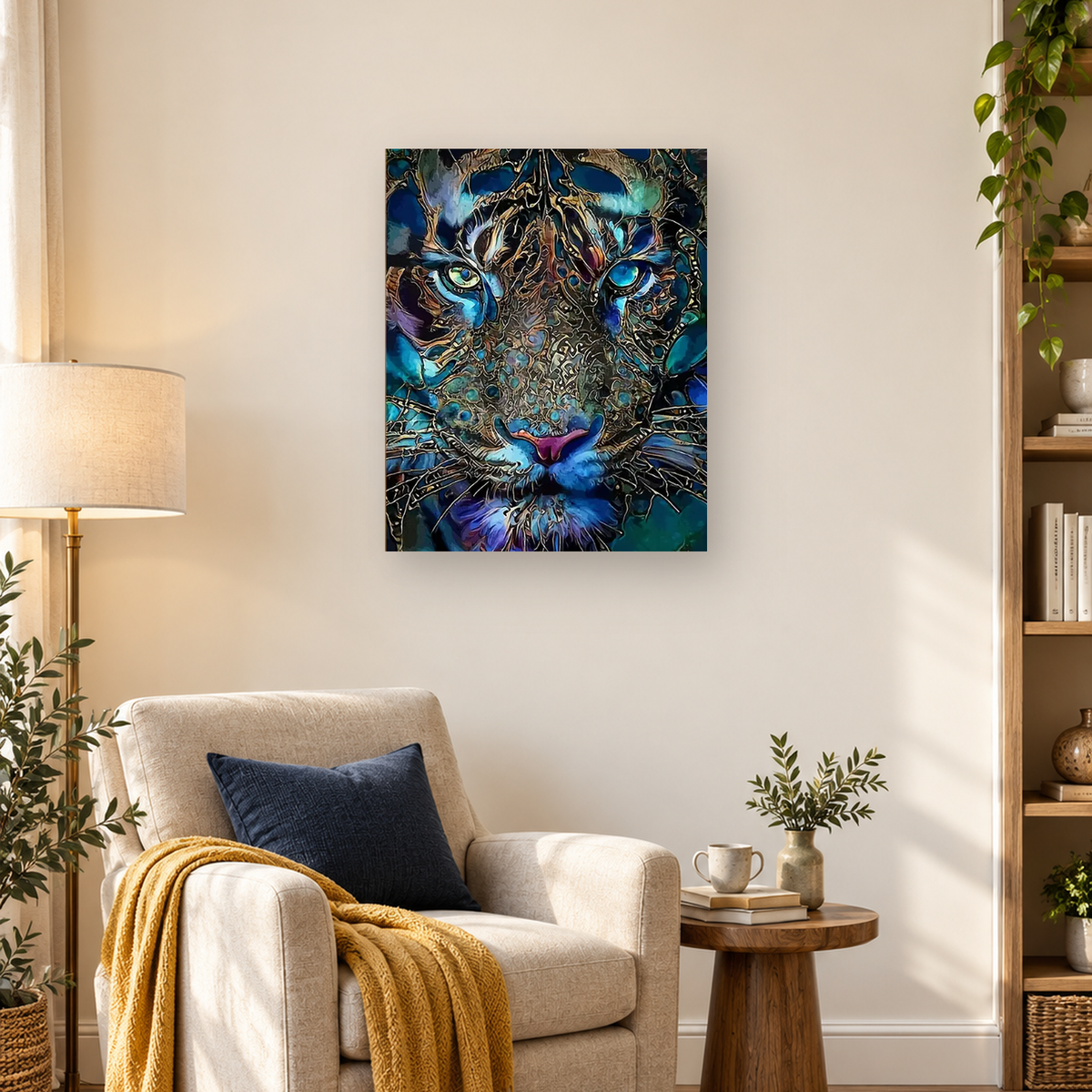 Abstract blue feline face with bright eyes, purple nose, and intricate gold and black linework — 03_lifestyle_hero