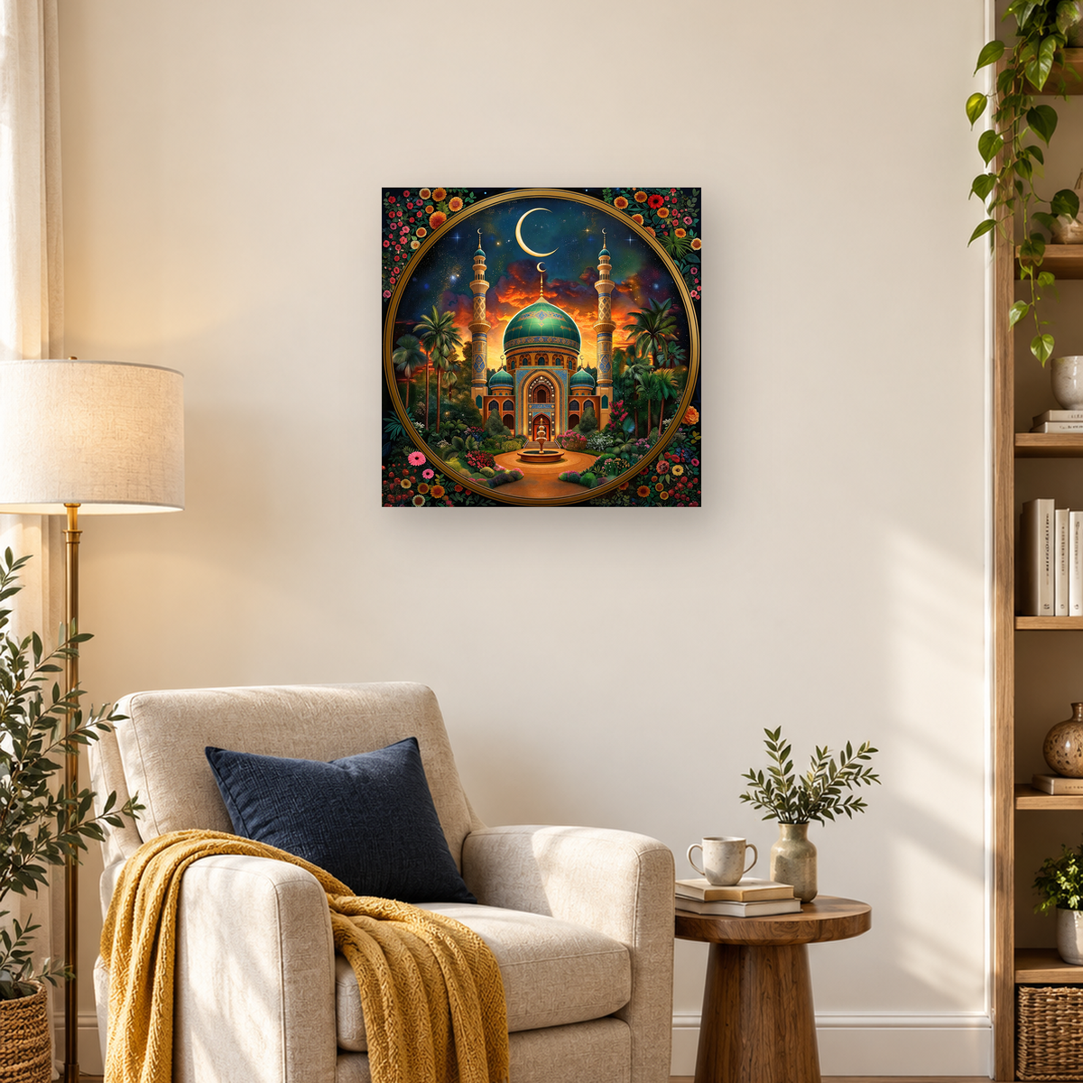Ornate green-domed mosque with minarets, fountain, palms, flowers, and crescent moon in a circular frame — 03_lifestyle_hero