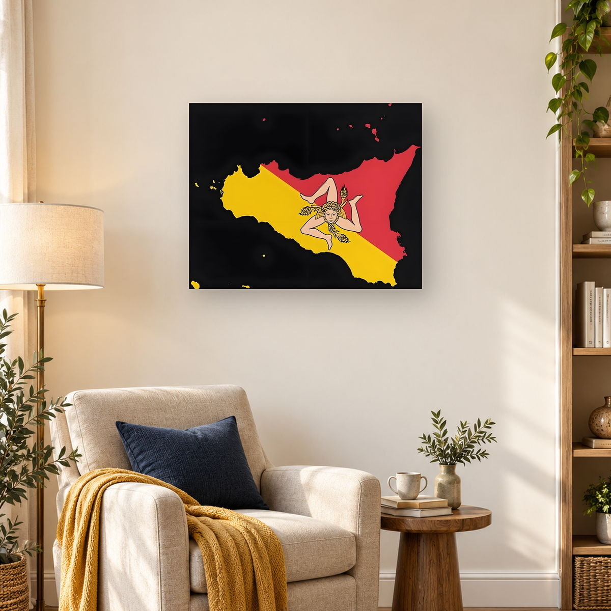 Trinacria figure over a red-and-yellow Sicily silhouette on a black background — 03_lifestyle_hero