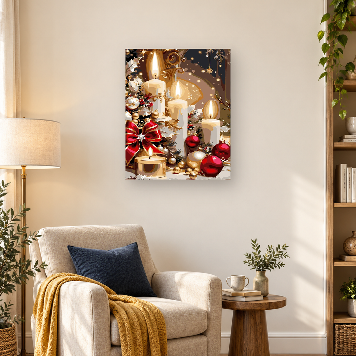 Candlelit Christmas still life with white candles, red ornaments, bows, berries, and evergreen branches