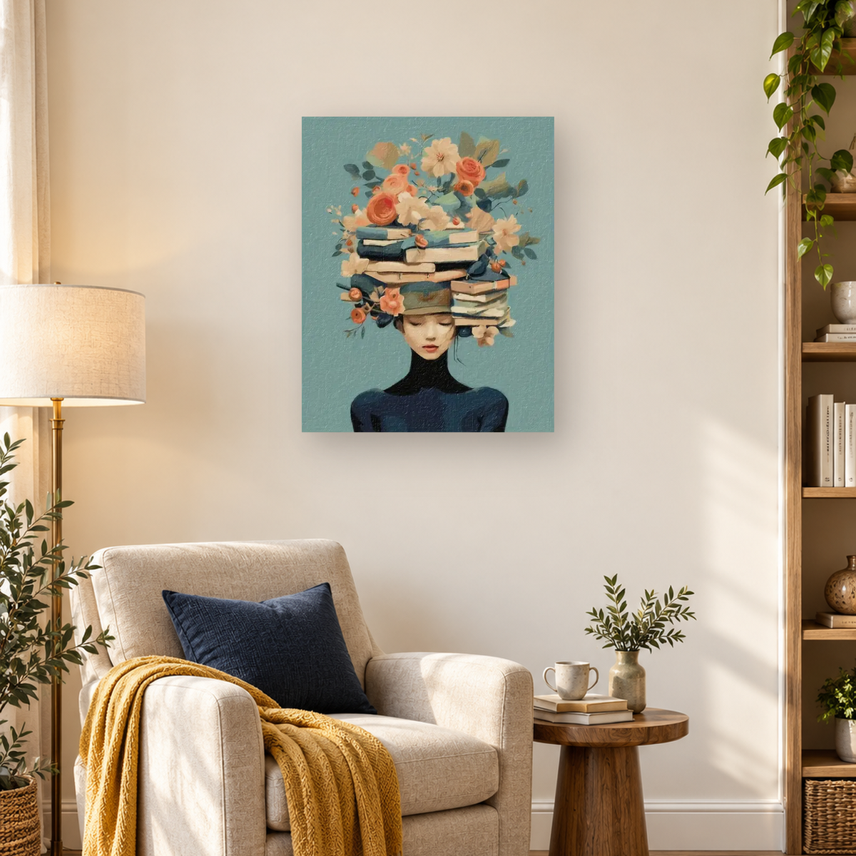 Stylized woman in dark clothing with books and flowers balanced across her head on a teal background — 03_lifestyle_hero