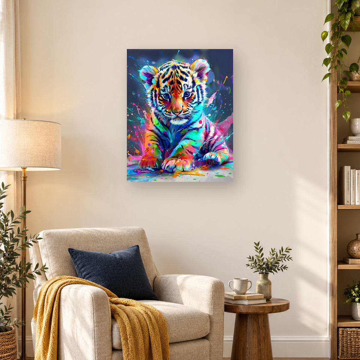 Colorful seated tiger cub with bright blue eyes and multicolored paint splashes — 03_lifestyle_hero