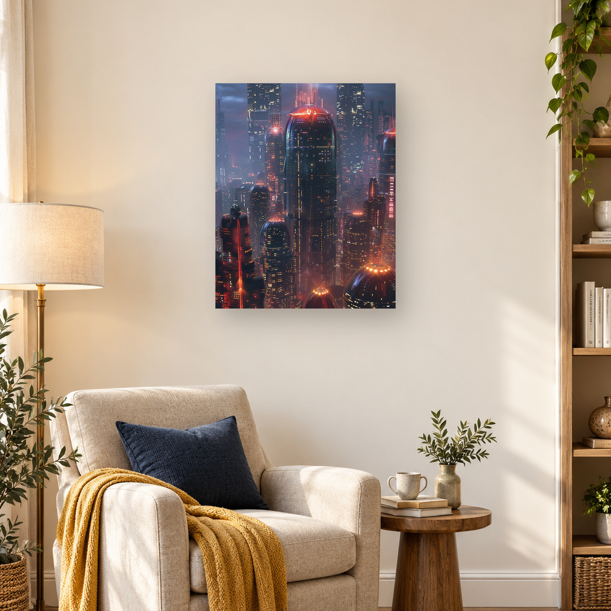 Futuristic neon city at night with domed skyscrapers glowing through blue-violet haze — 03_lifestyle_hero