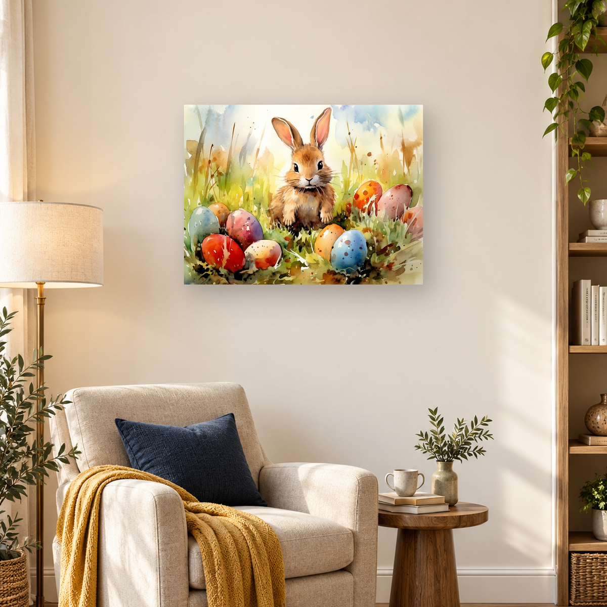 Watercolor rabbit sitting in a grassy meadow surrounded by colorful decorated Easter eggs — 03_lifestyle_hero