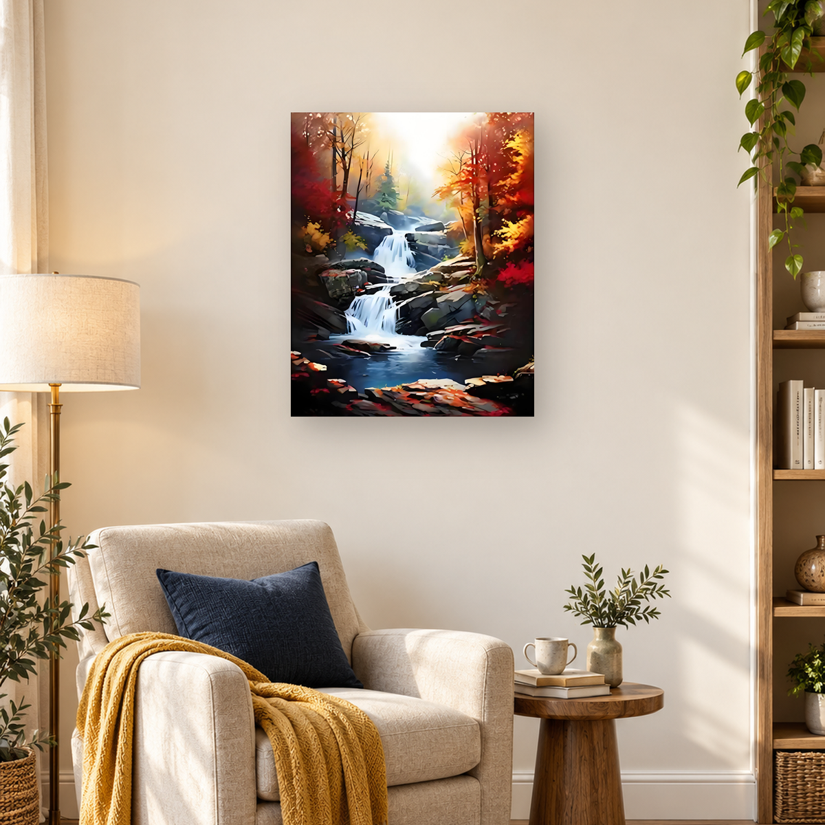 Stylized autumn forest with a tiered waterfall flowing over dark rocks into a blue pool. — 03_lifestyle_hero