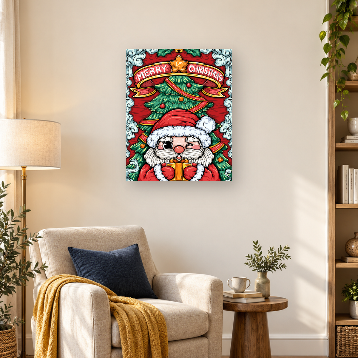 Cartoon Santa Claus holding a gift before a decorated Christmas tree with a Merry Christmas banner — 03_lifestyle_hero