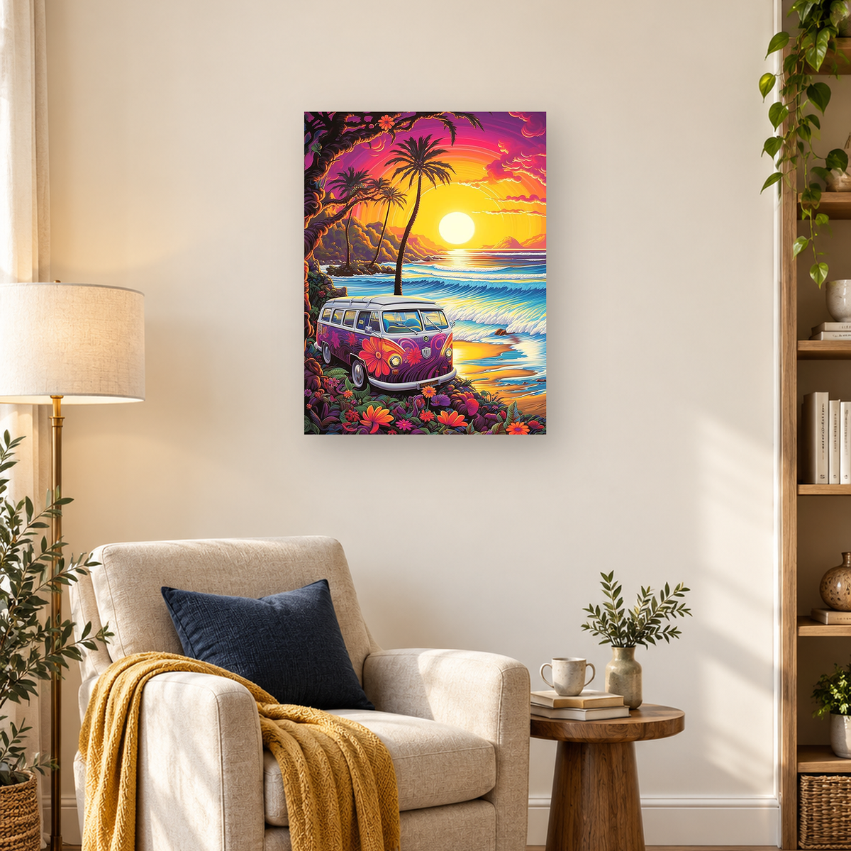 Flower-covered vintage van overlooking tropical waves and a glowing sunset — 03_lifestyle_hero