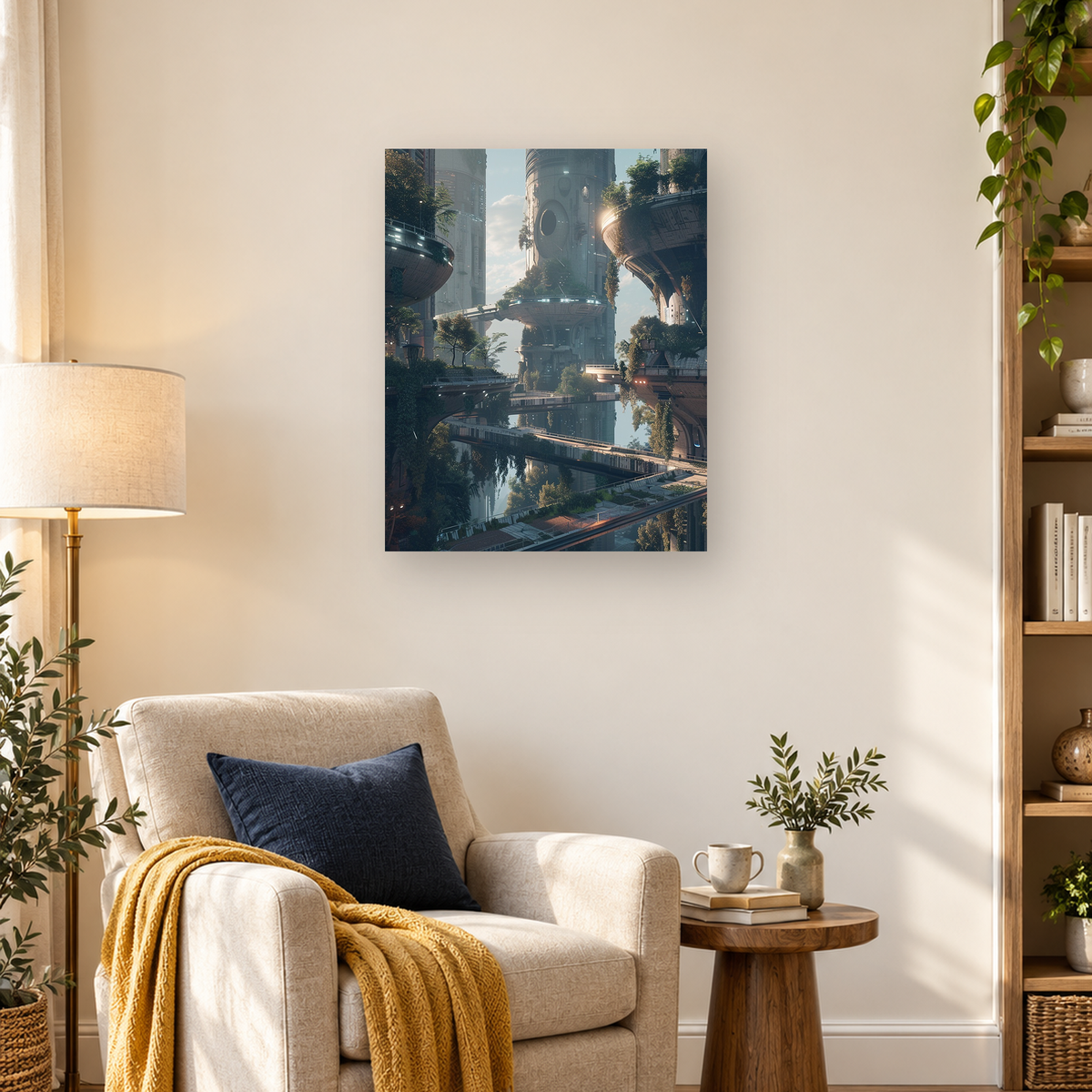 Futuristic cityscape with cylindrical towers, elevated bridges, greenery, and warm sunlight — 03_lifestyle_hero
