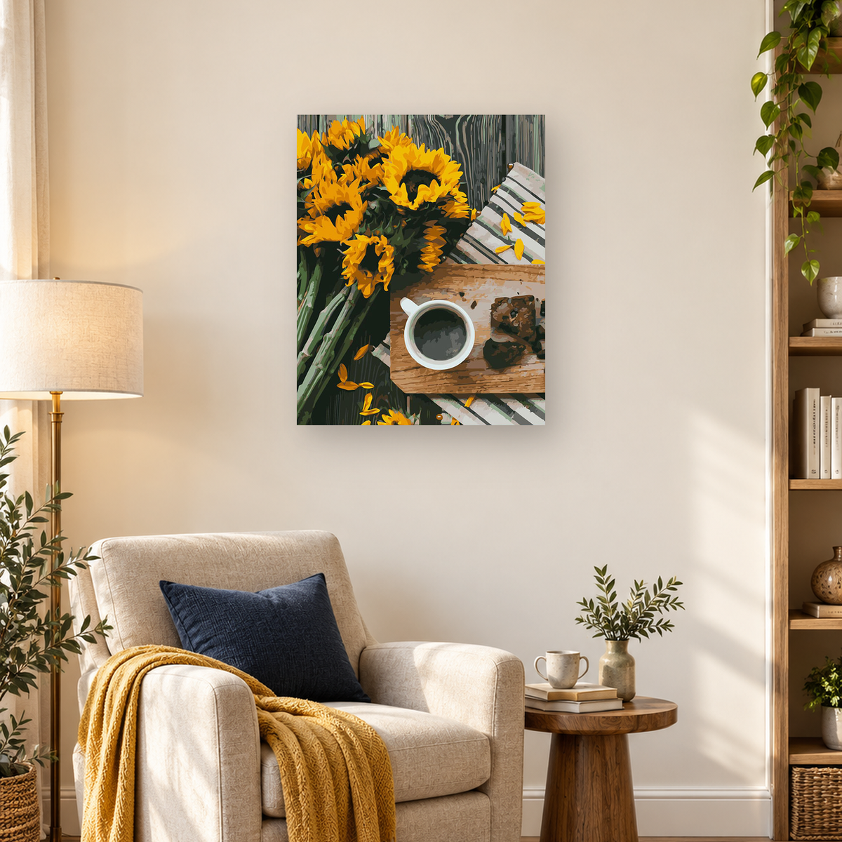 Overhead still life of sunflowers beside coffee, baked food, striped fabric, and a wooden table — 03_lifestyle_hero
