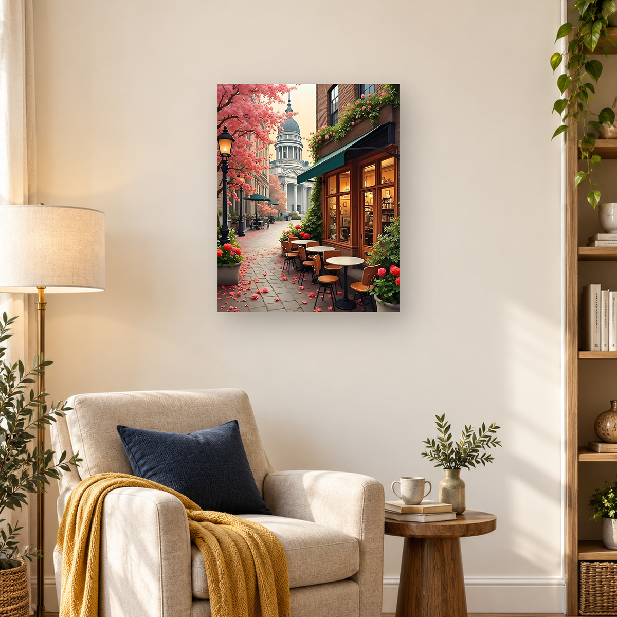 Pink blossom-lined cafe street with outdoor tables and a domed neoclassical building — 03_lifestyle_hero