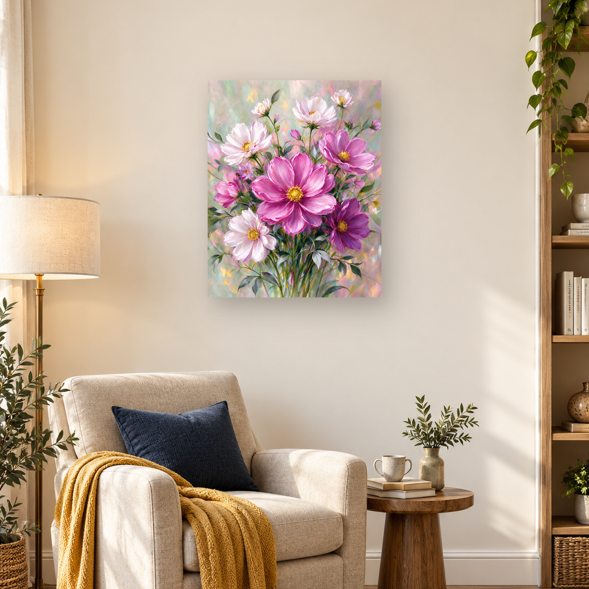 Painterly bouquet of pink, magenta, and white cosmos-like flowers with green stems and foliage. — 03_lifestyle_hero
