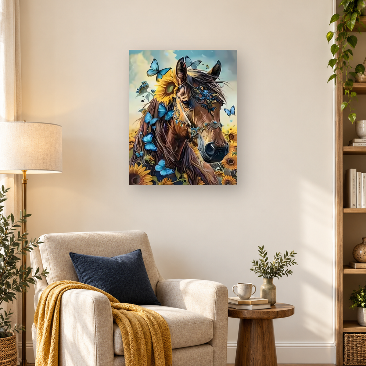Brown horse portrait with flowing mane, sunflowers, and blue butterflies against a pale blue sky — 03_lifestyle_hero