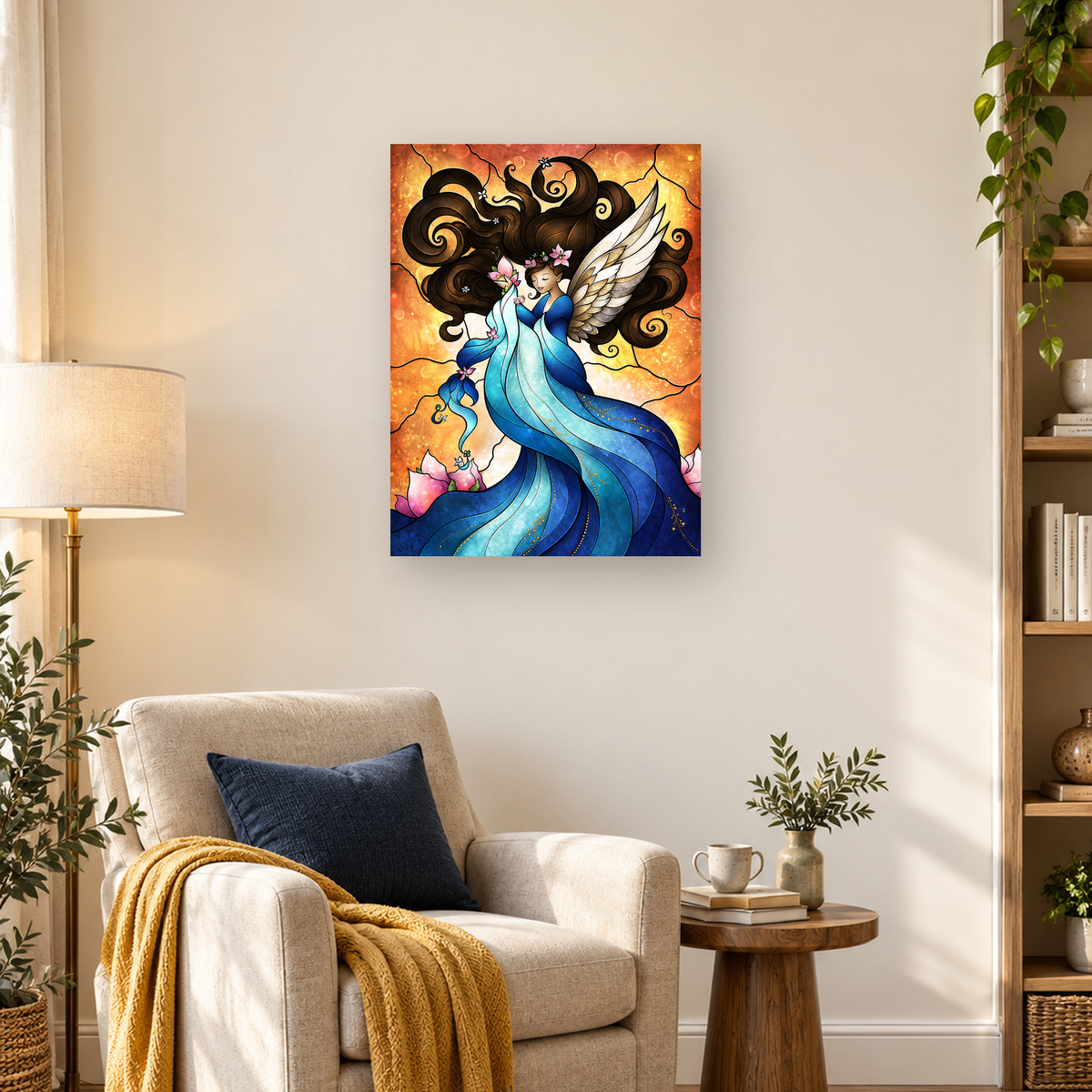 Winged woman in a flowing blue dress with white wings, pink flowers, and a glowing orange background — 03_lifestyle_hero