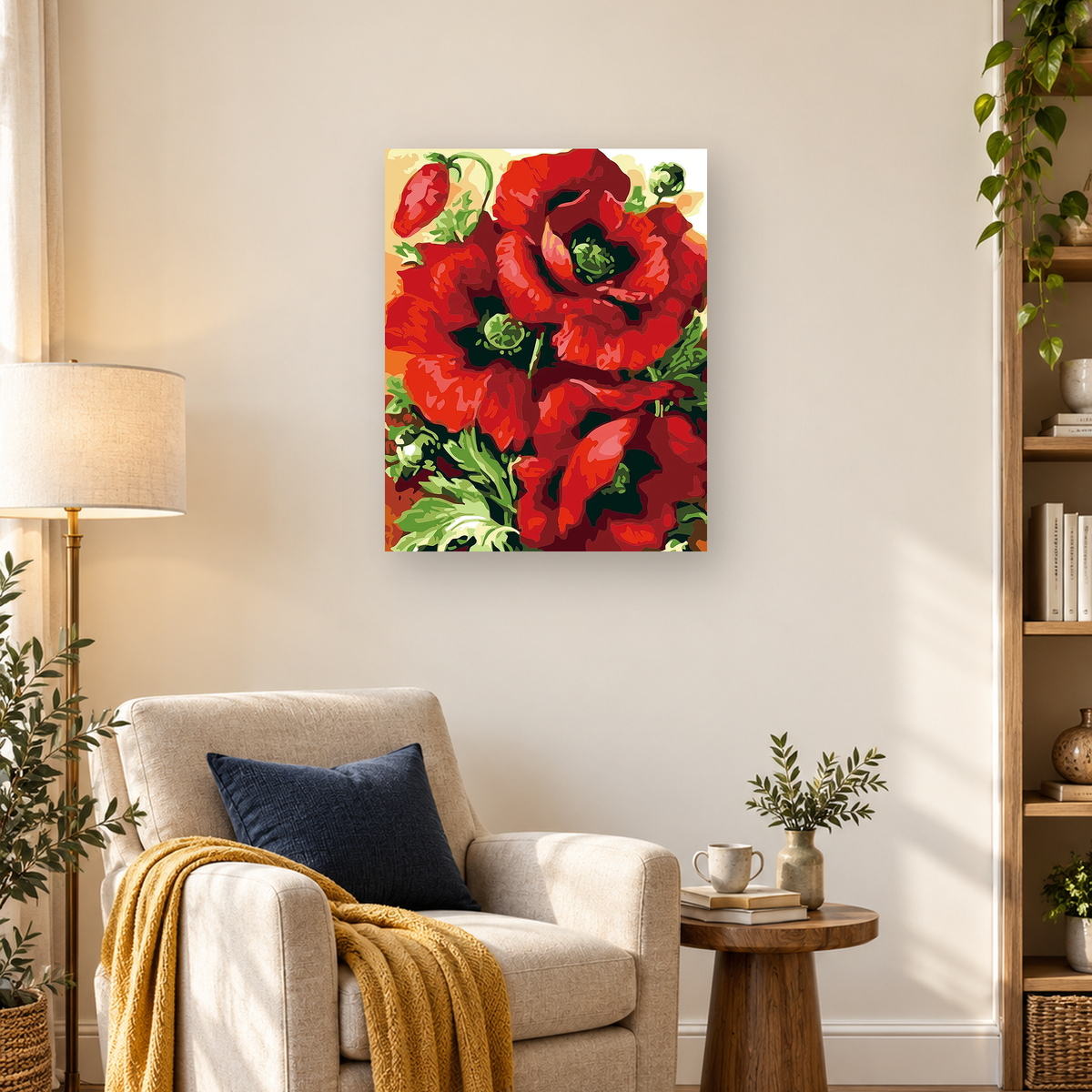 Stylized close-up of overlapping red poppy flowers with dark centers and green foliage. — 03_lifestyle_hero